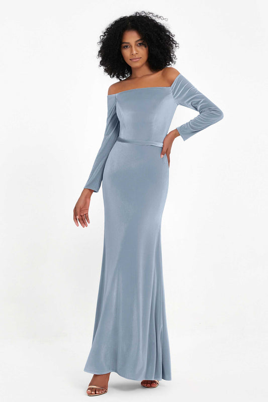 Off the Shoulder Velvet Formal Evening Dresses with Sash Long Prom Party Gowns