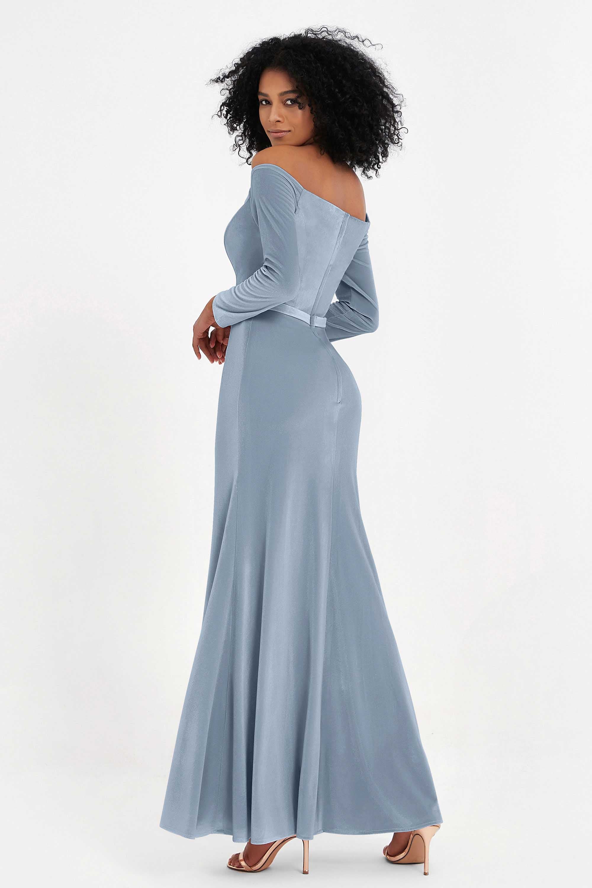 Off the Shoulder Velvet Formal Evening Dresses with Sash Long Prom Party Gowns