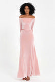 Off the Shoulder Velvet Formal Evening Dresses with Sash Long Prom Party Gowns
