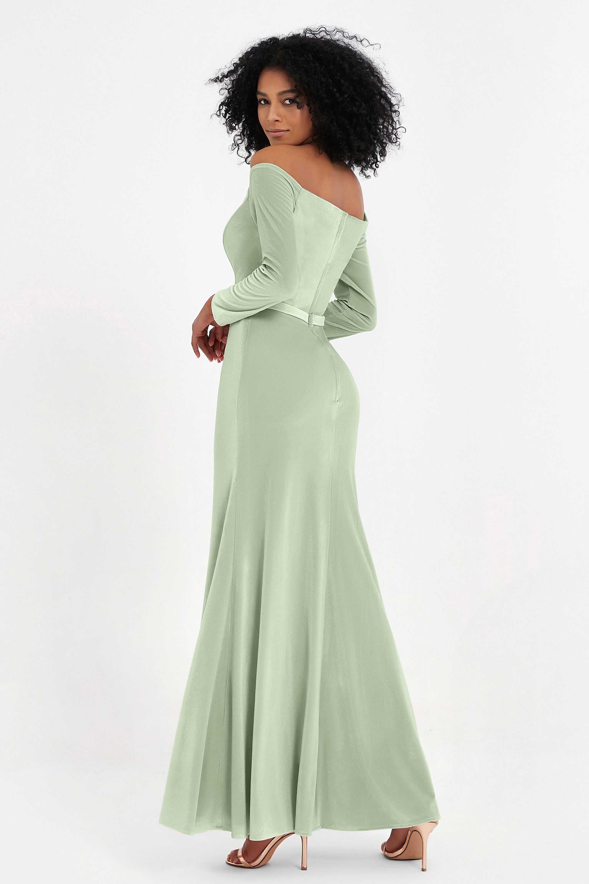 Off the Shoulder Velvet Formal Evening Dresses with Sash Long Prom Party Gowns
