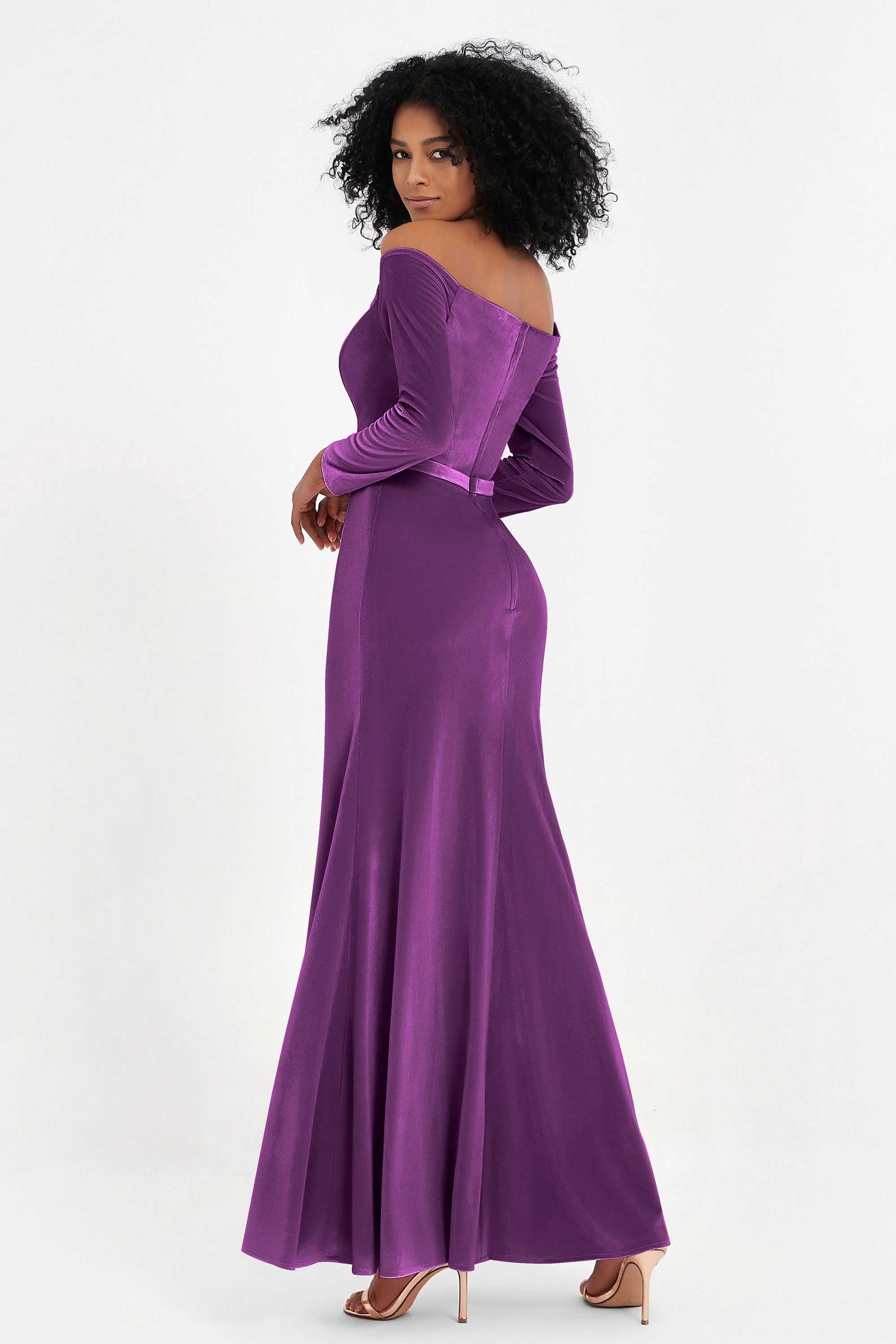 Off the Shoulder Velvet Formal Evening Dresses with Sash Long Prom Party Gowns
