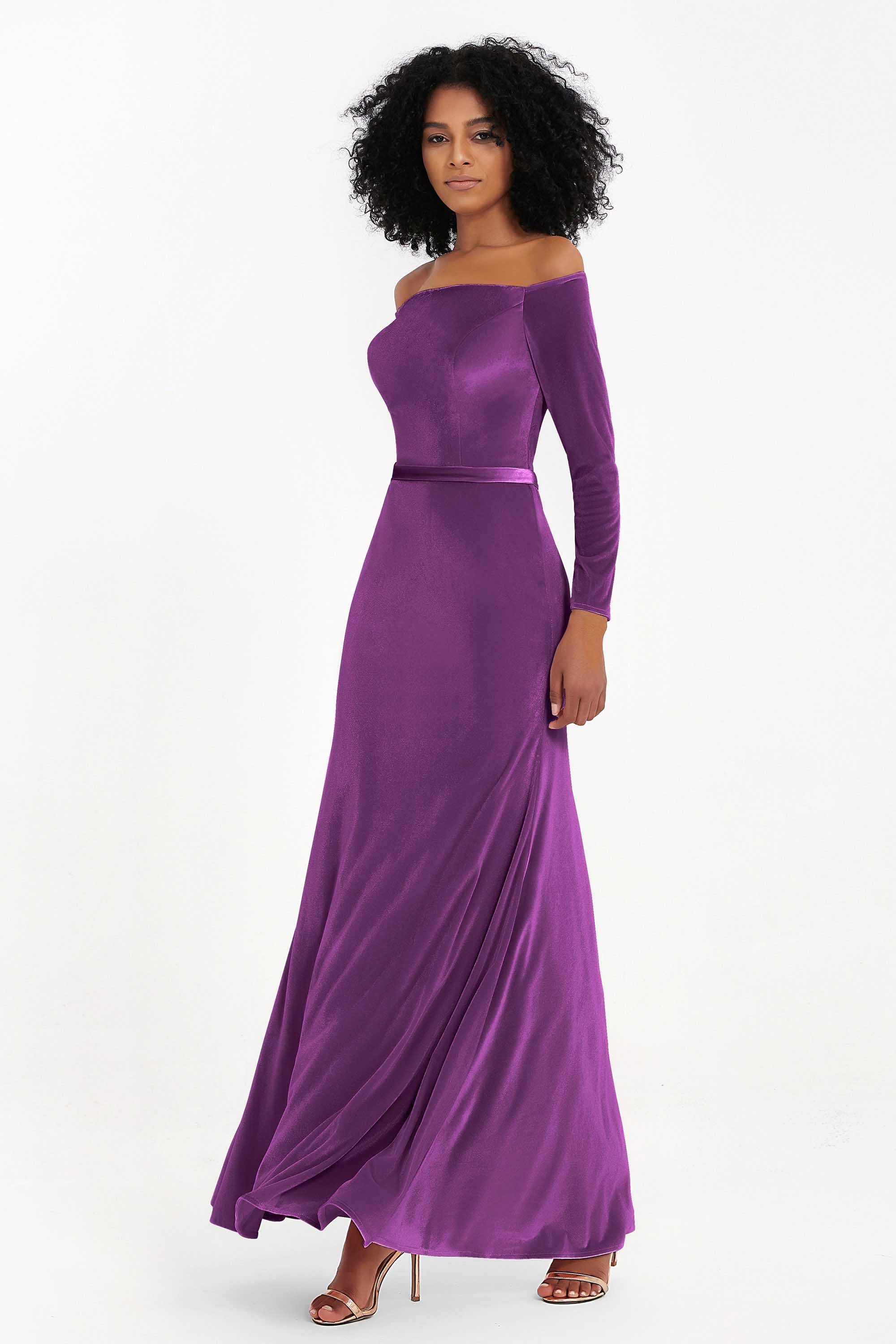 Off the Shoulder Velvet Formal Evening Dresses with Sash Long Prom Party Gowns