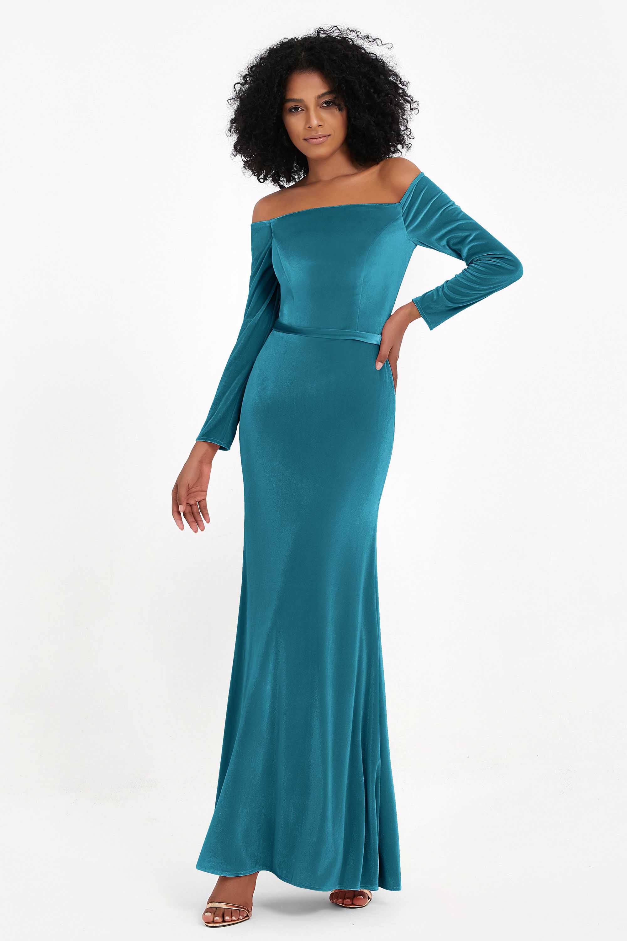 Off the Shoulder Velvet Formal Evening Dresses with Sash Long Prom Party Gowns