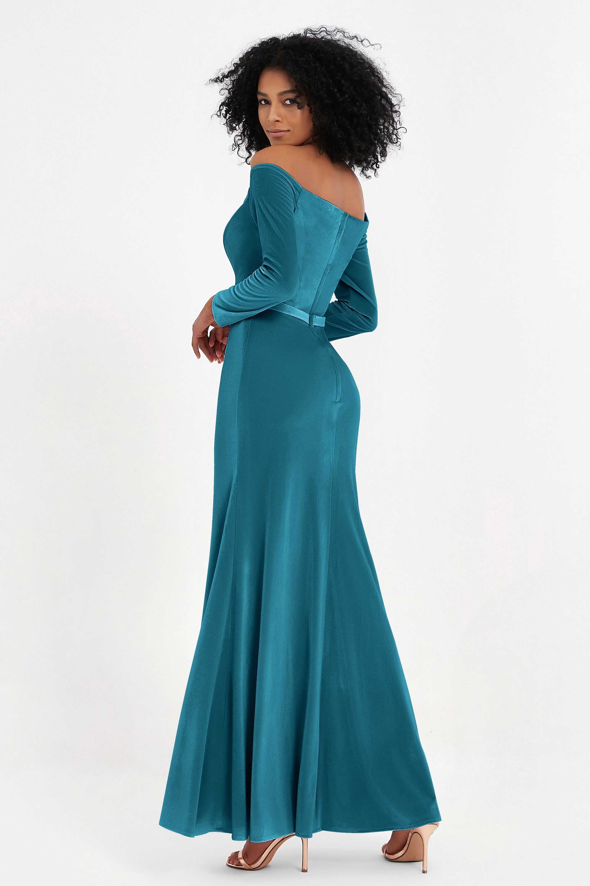 Off the Shoulder Velvet Formal Evening Dresses with Sash Long Prom Party Gowns