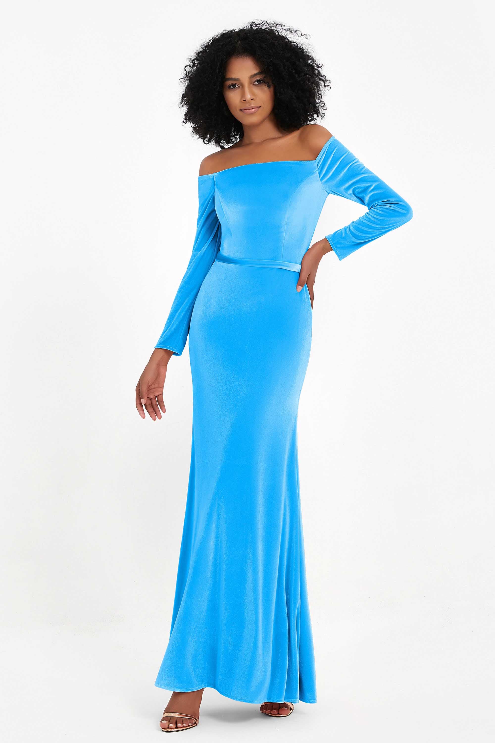 Off the Shoulder Velvet Formal Evening Dresses with Sash Long Prom Party Gowns