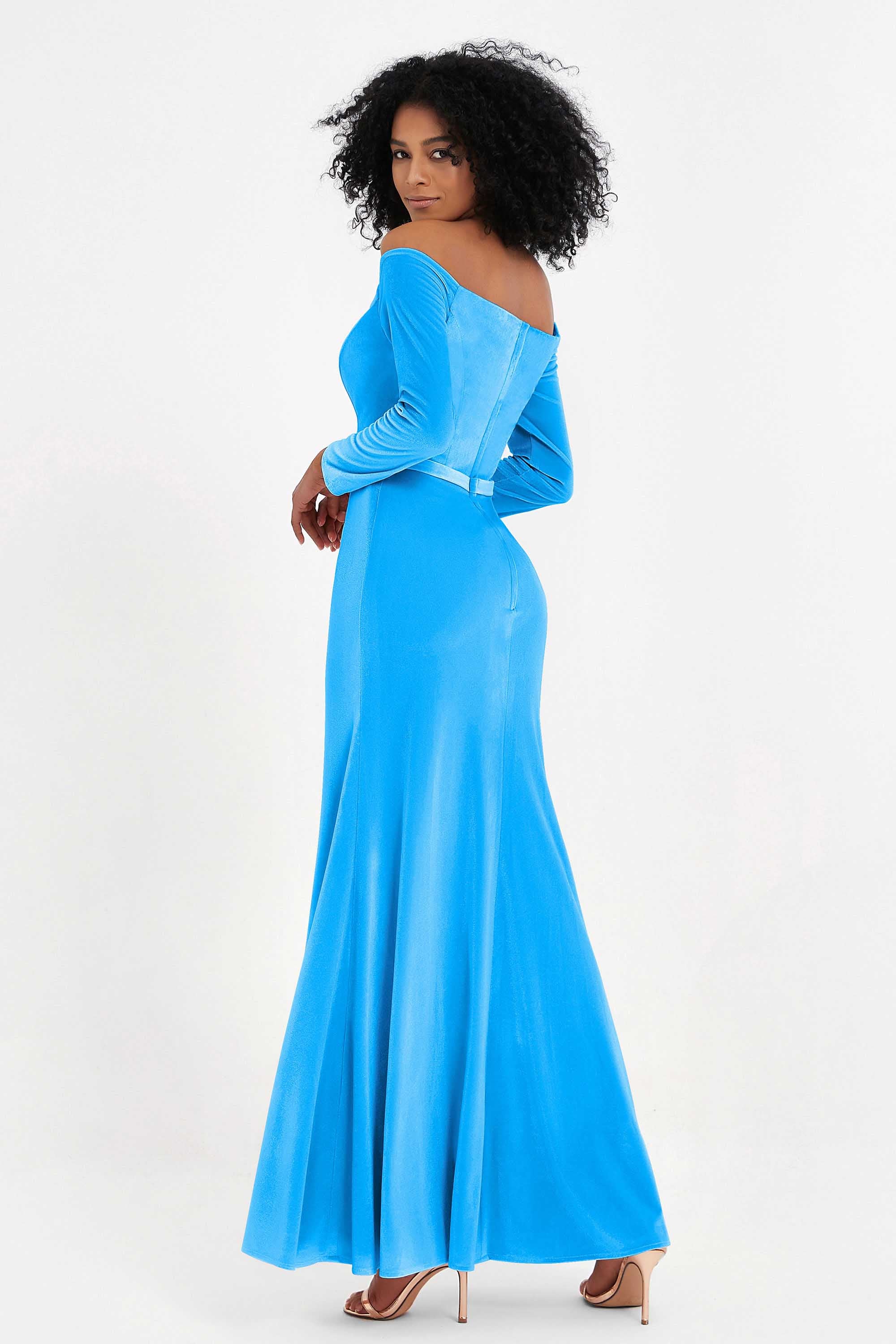 Off the Shoulder Velvet Formal Evening Dresses with Sash Long Prom Party Gowns