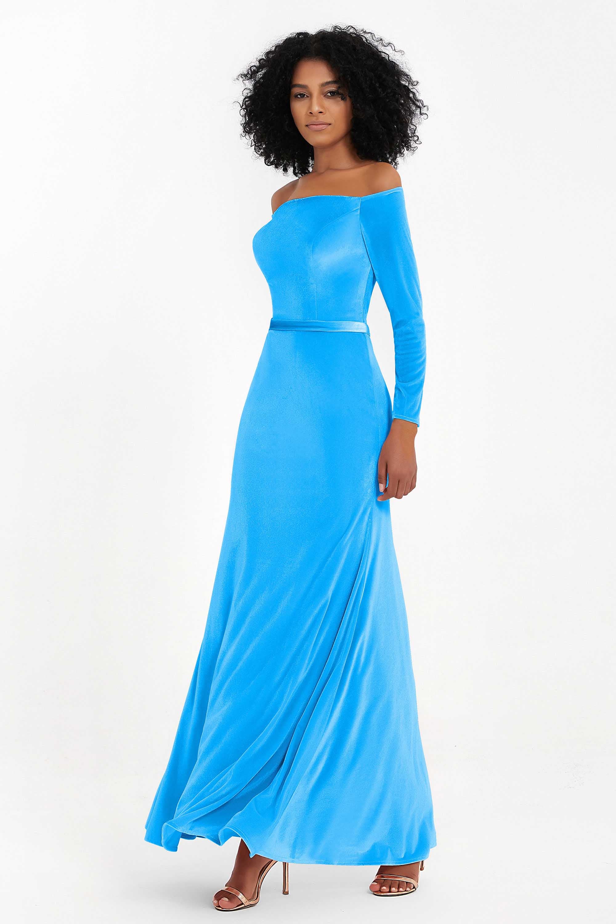 Off the Shoulder Velvet Formal Evening Dresses with Sash Long Prom Party Gowns