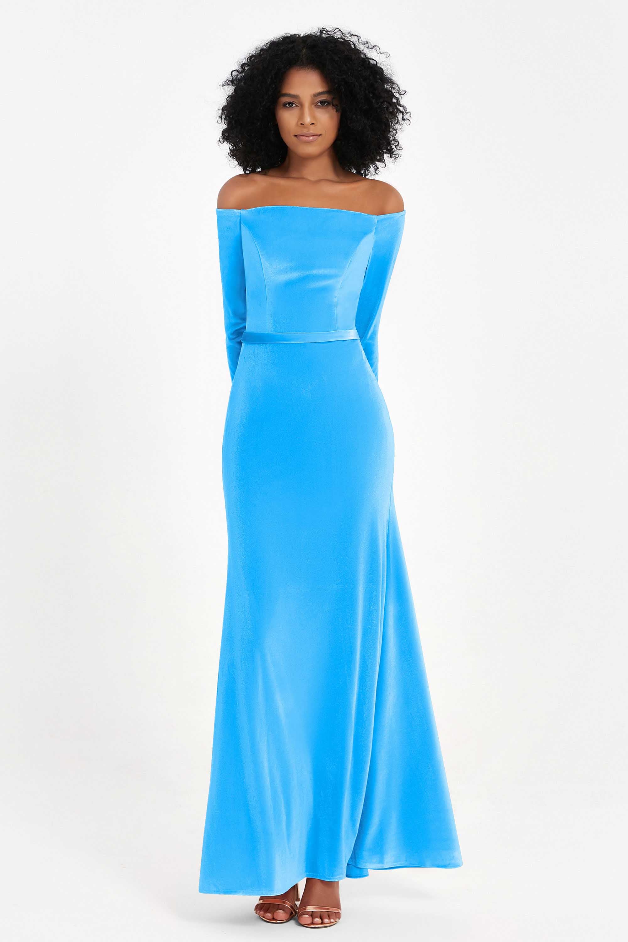 Off the Shoulder Velvet Formal Evening Dresses with Sash Long Prom Party Gowns