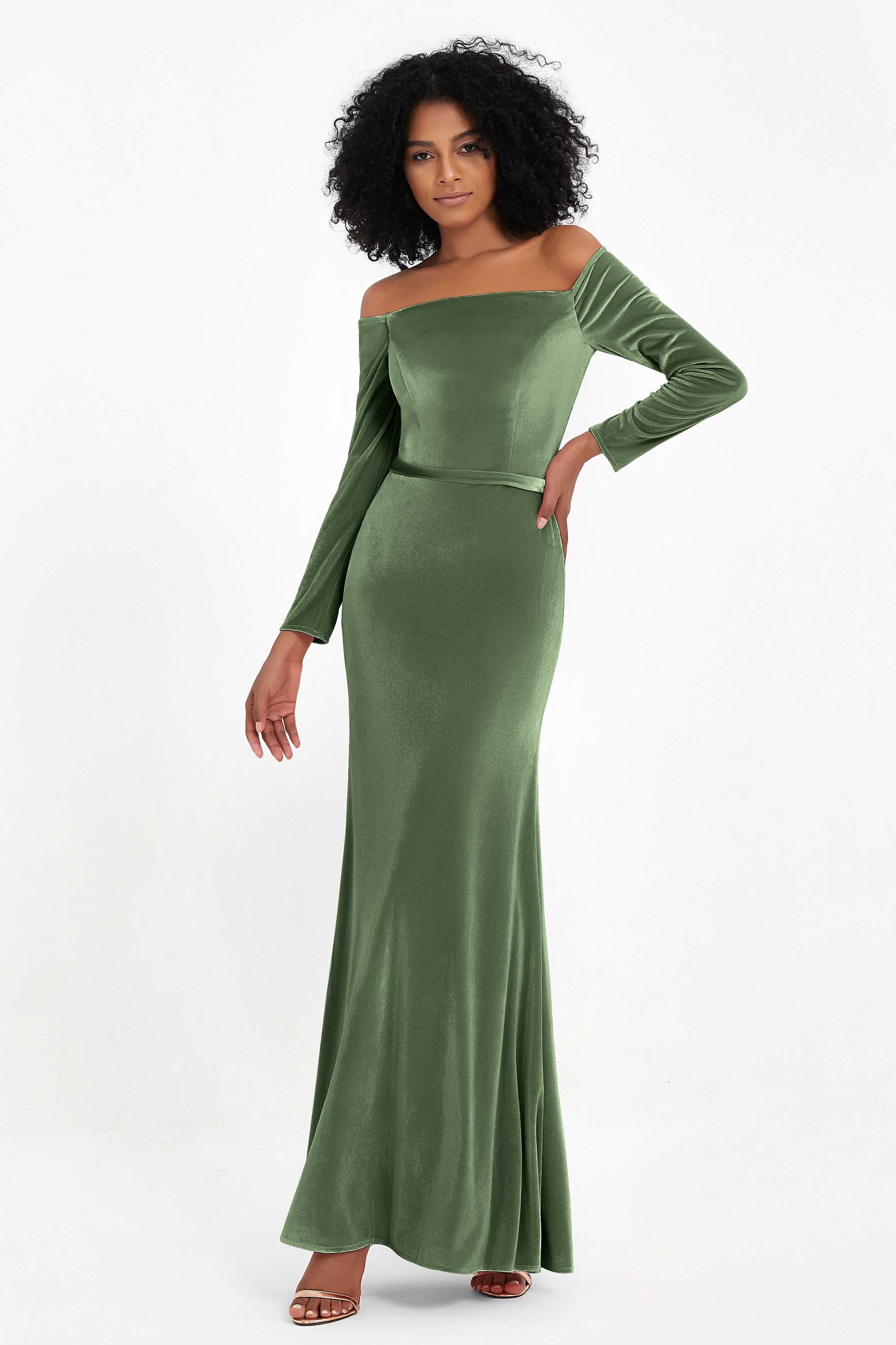 Off the Shoulder Velvet Formal Evening Dresses with Sash Long Prom Party Gowns