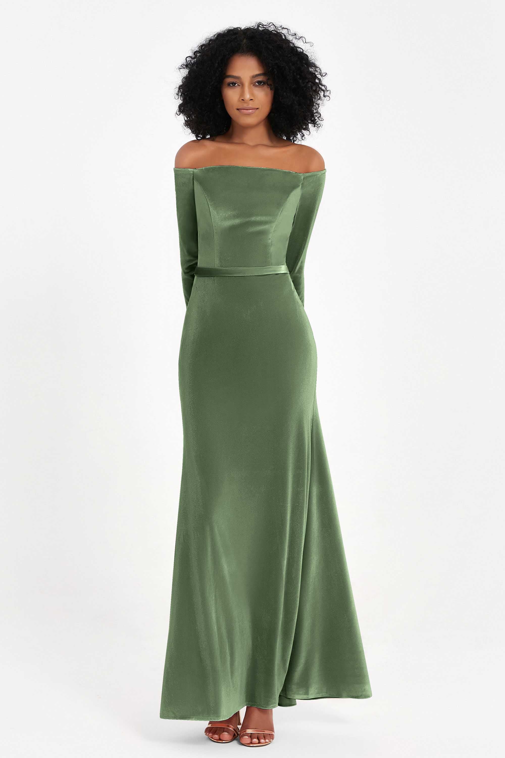 Off the Shoulder Velvet Formal Evening Dresses with Sash Long Prom Party Gowns