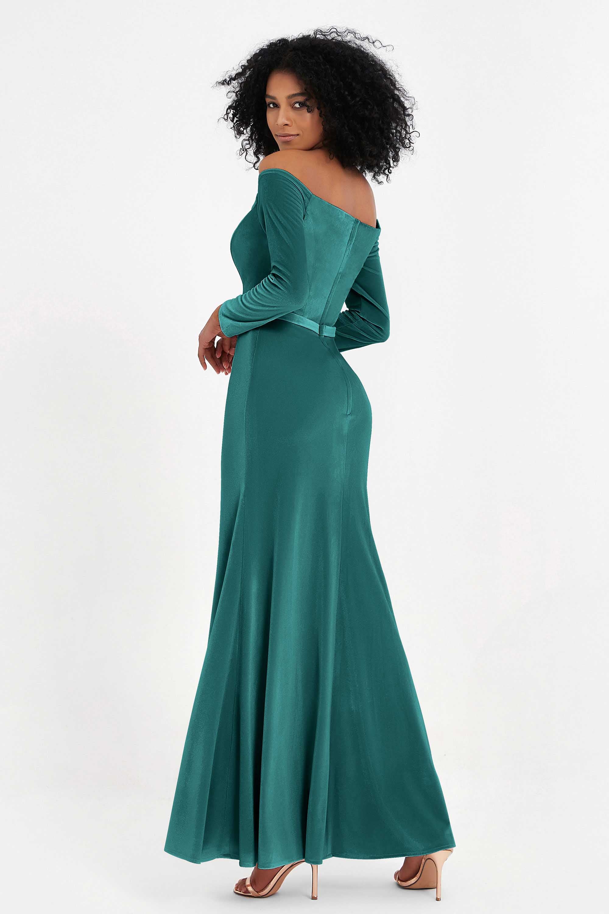 Off the Shoulder Velvet Formal Evening Dresses with Sash Long Prom Party Gowns