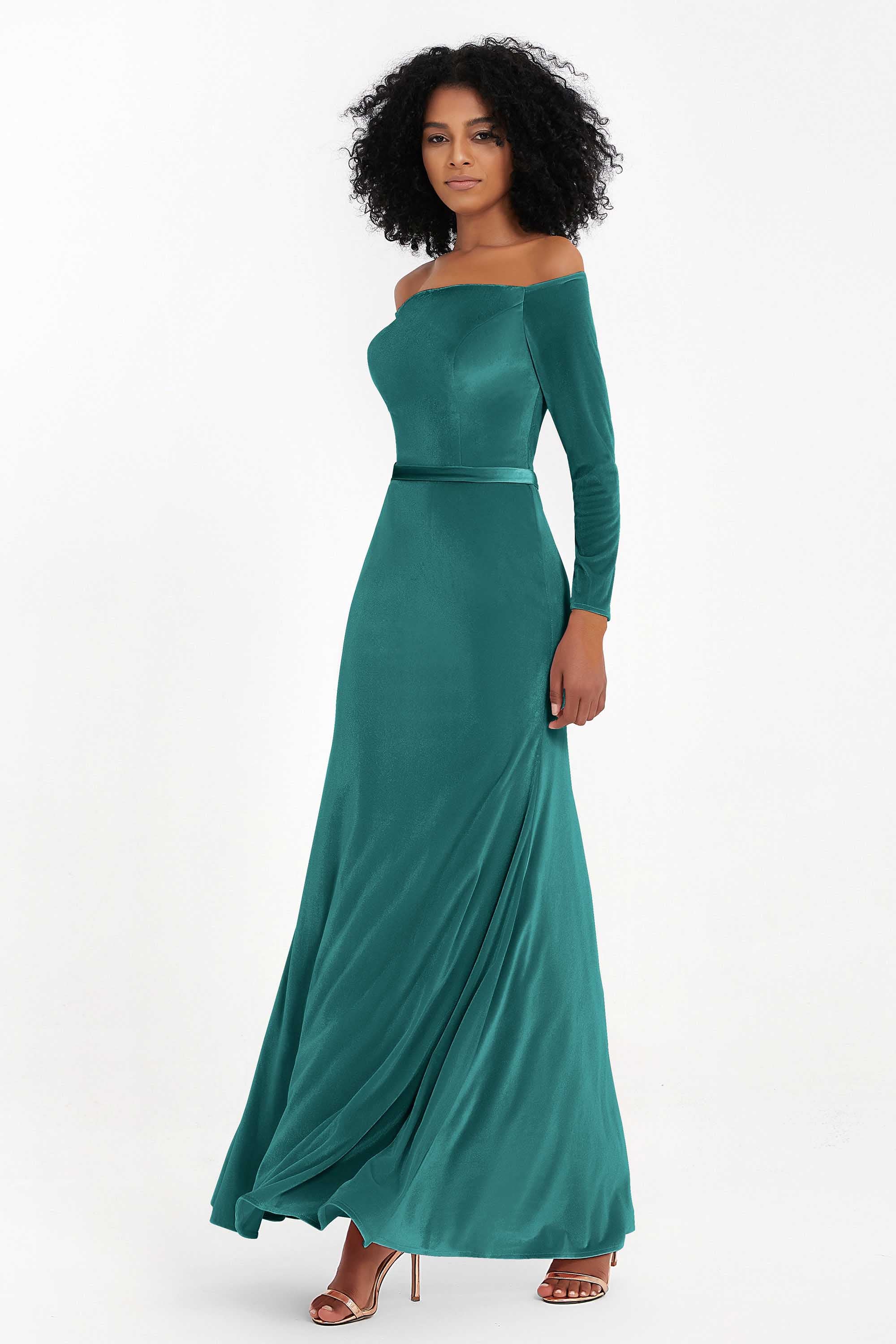 Off the Shoulder Velvet Formal Evening Dresses with Sash Long Prom Party Gowns