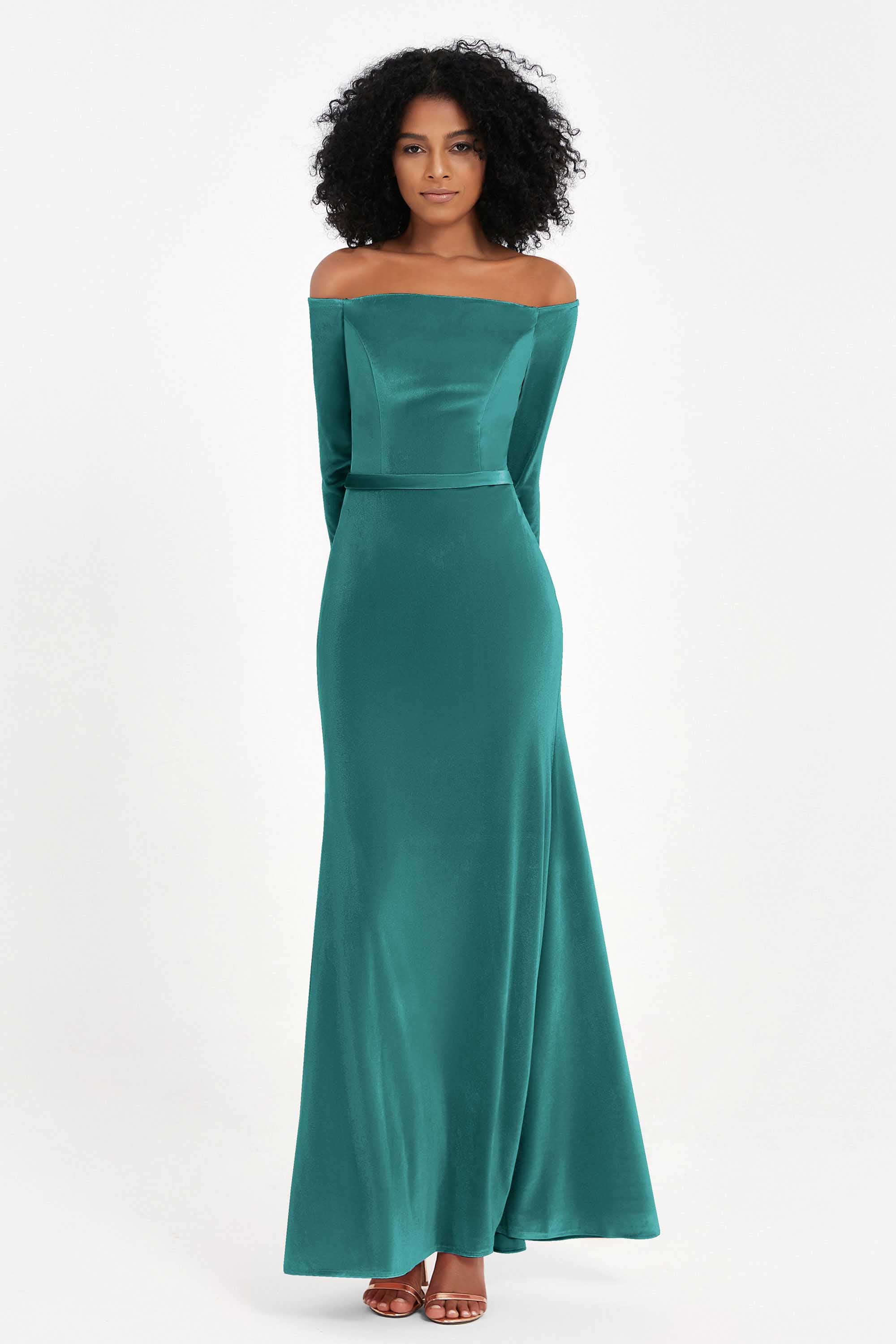 Off the Shoulder Velvet Formal Evening Dresses with Sash Long Prom Party Gowns