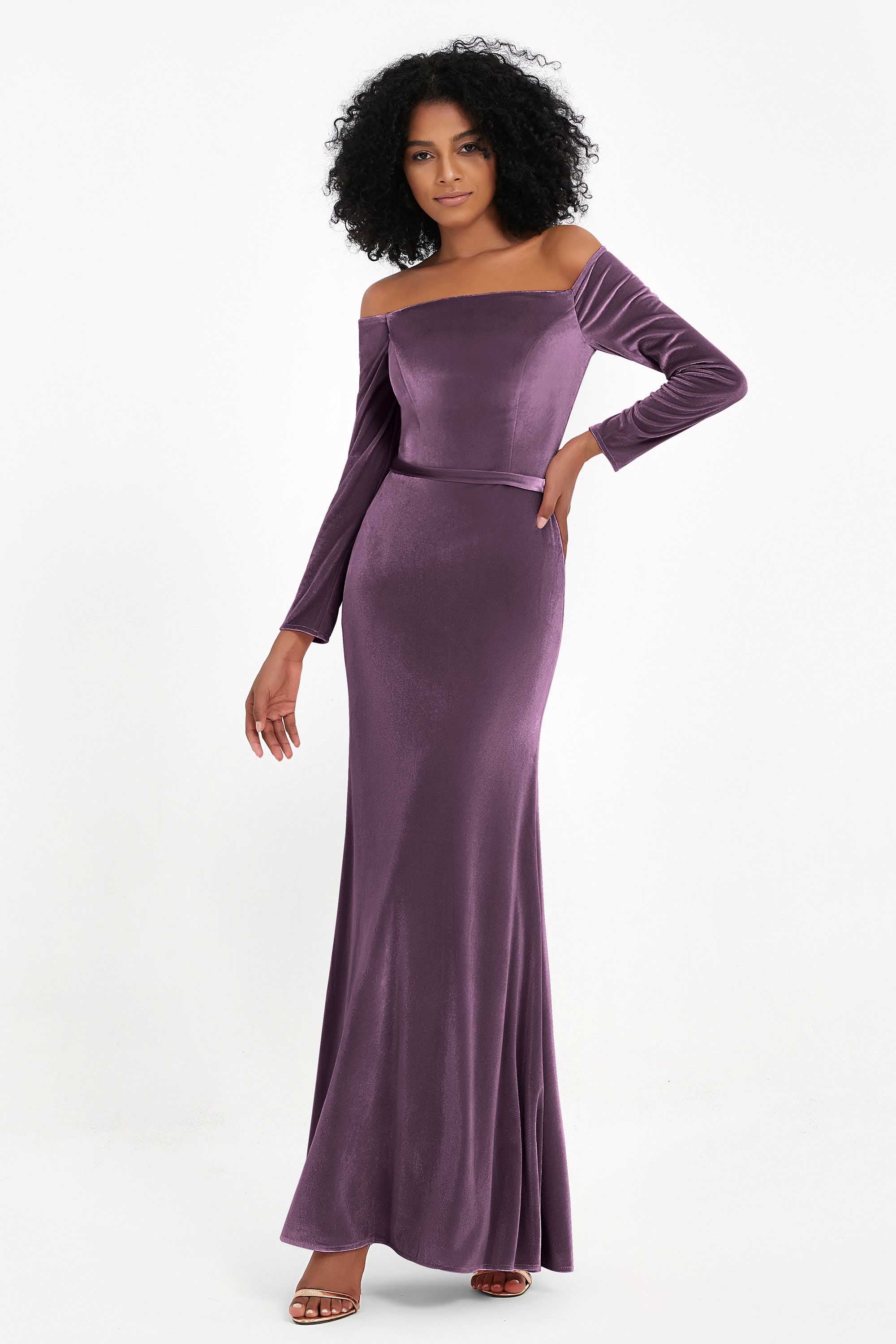 Off the Shoulder Velvet Formal Evening Dresses with Sash Long Prom Party Gowns
