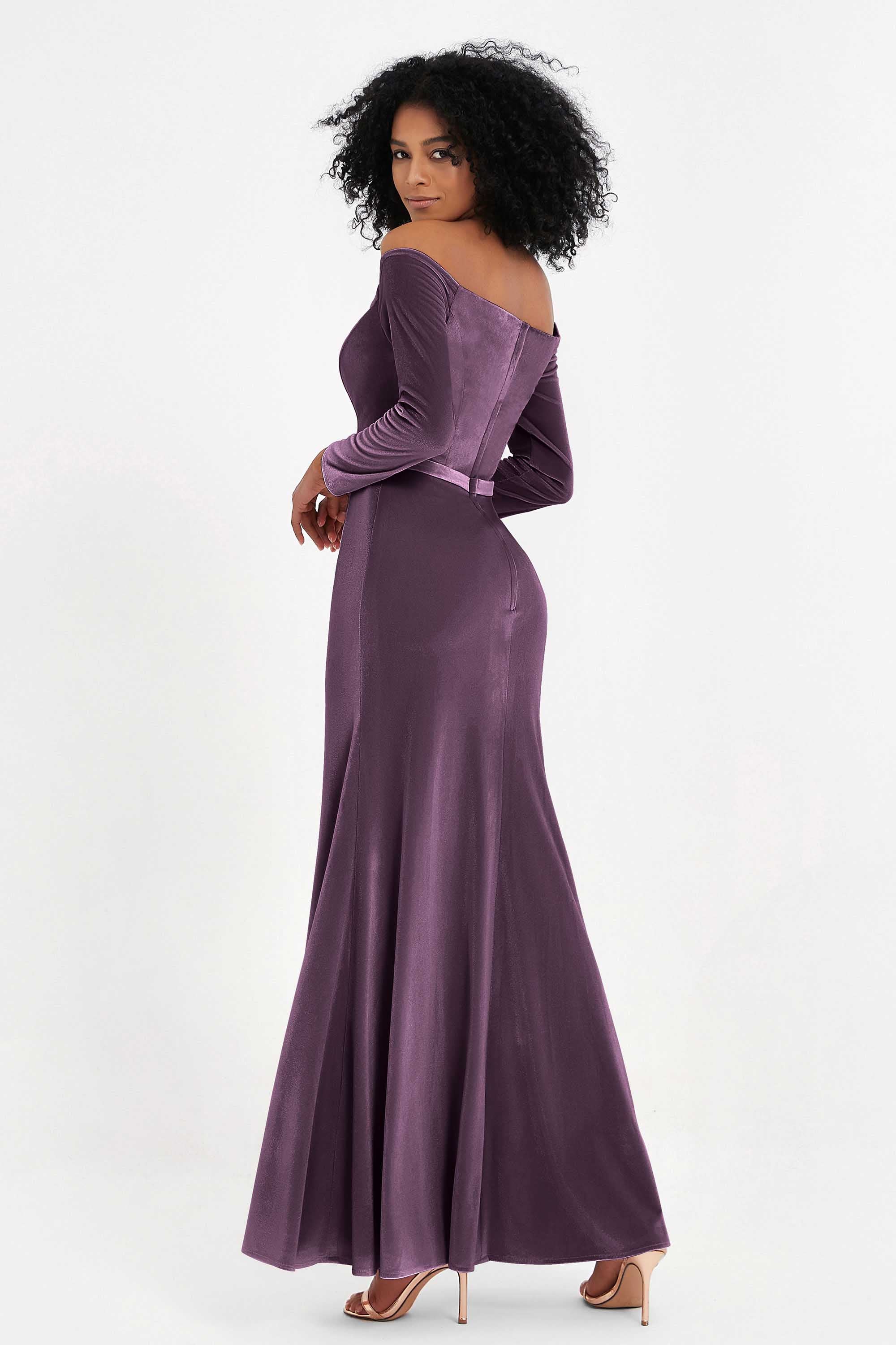 Off the Shoulder Velvet Formal Evening Dresses with Sash Long Prom Party Gowns