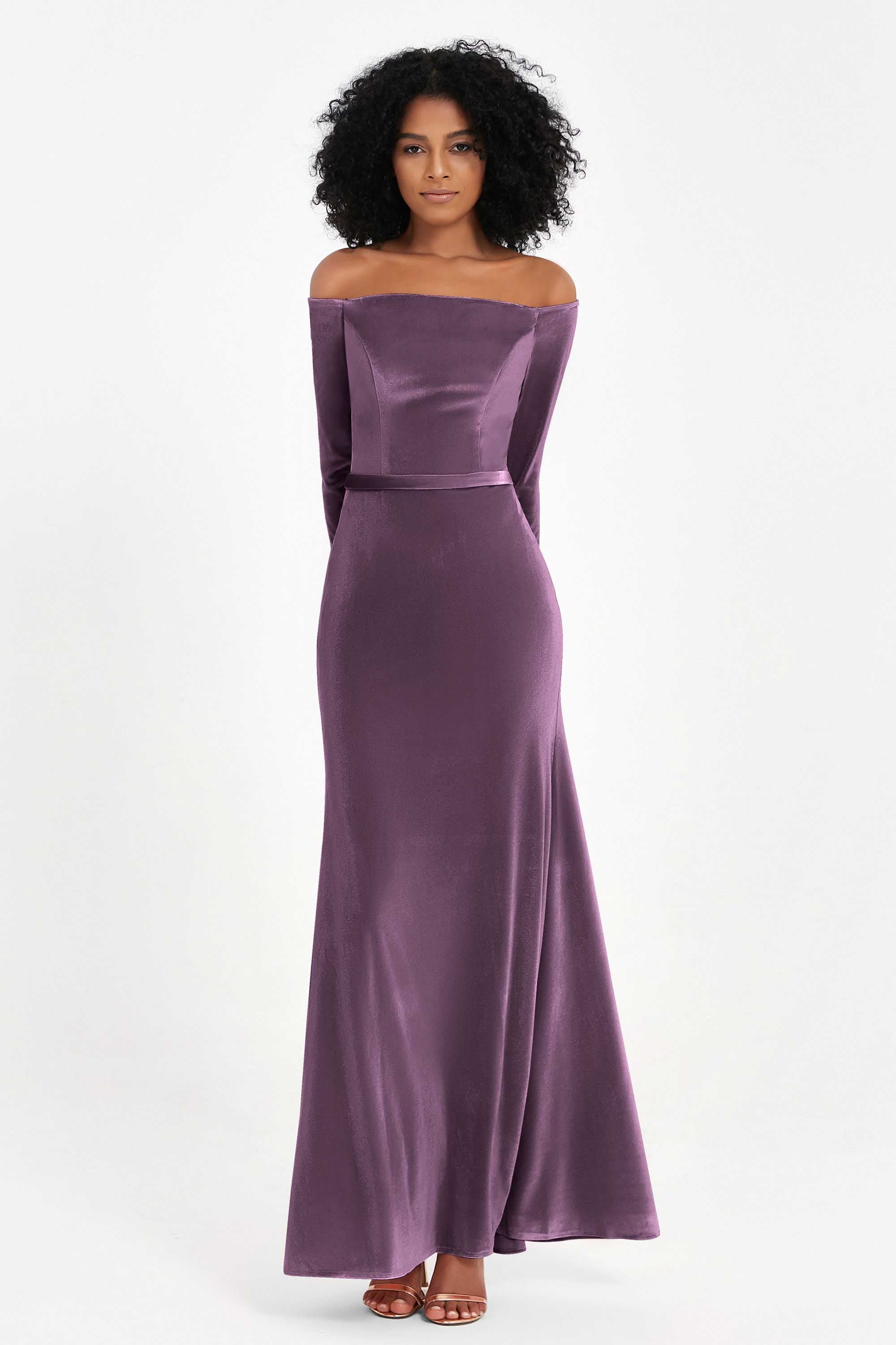 Off the Shoulder Velvet Formal Evening Dresses with Sash Long Prom Party Gowns