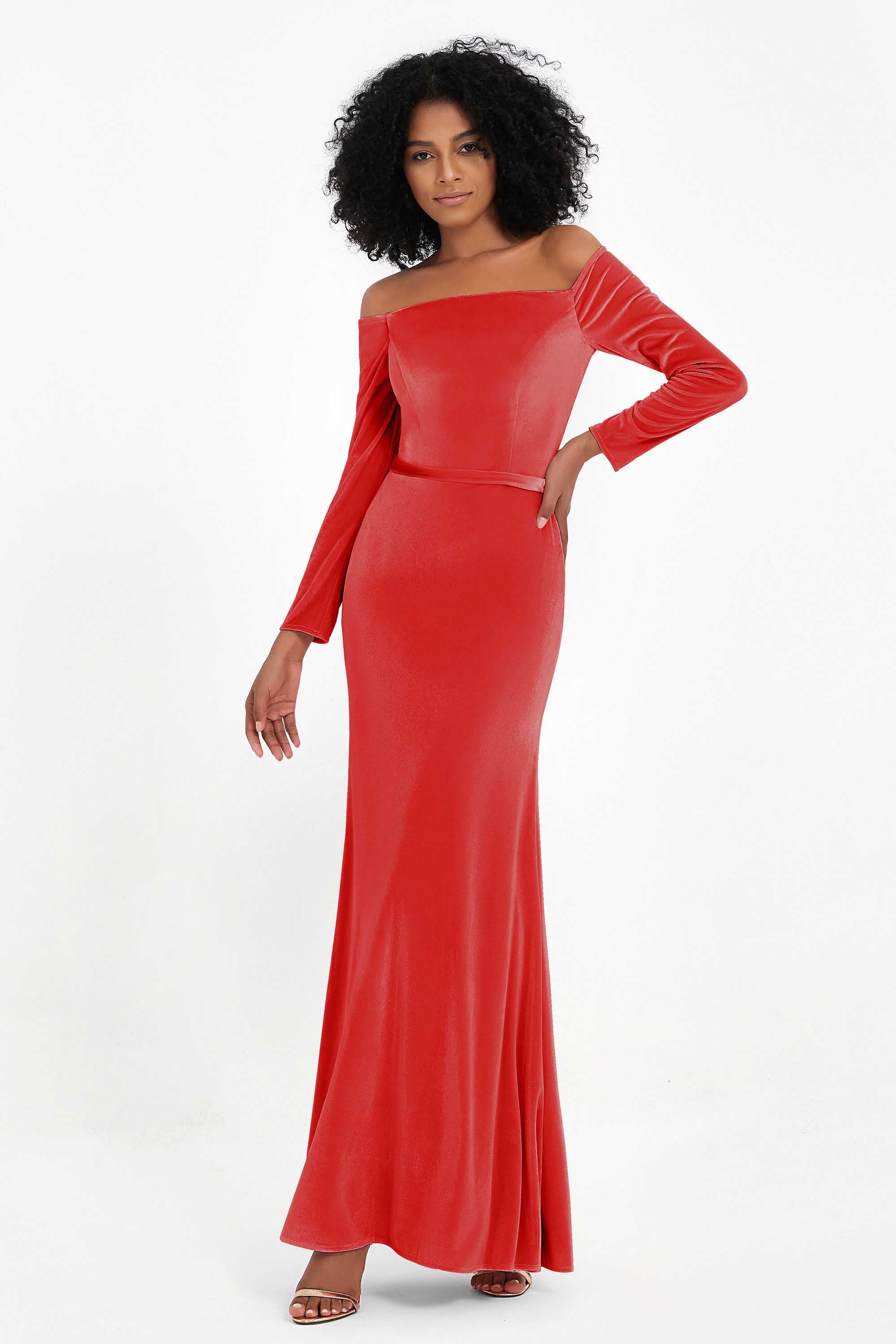 Off the Shoulder Velvet Formal Evening Dresses with Sash Long Prom Party Gowns