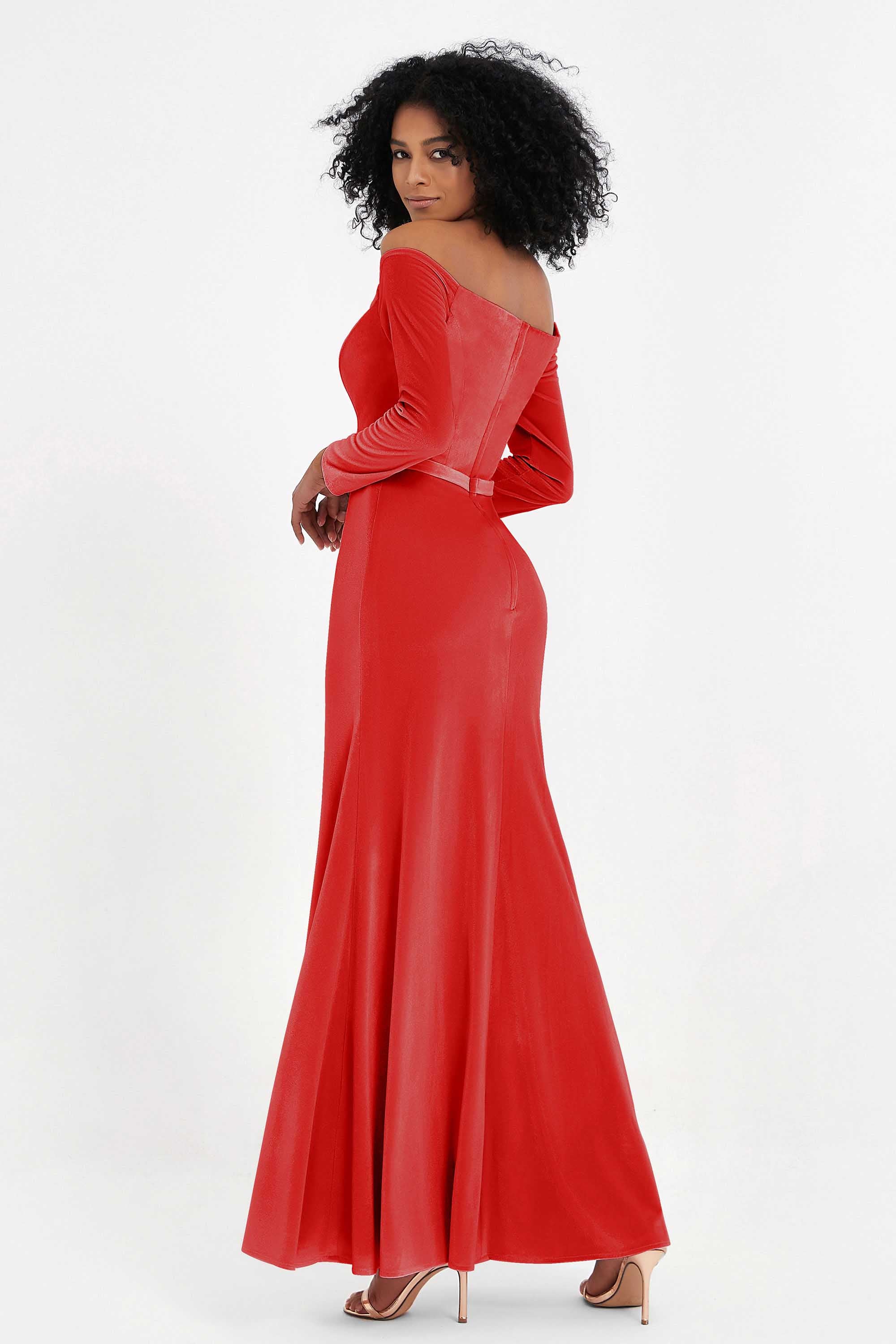 Off the Shoulder Velvet Formal Evening Dresses with Sash Long Prom Party Gowns