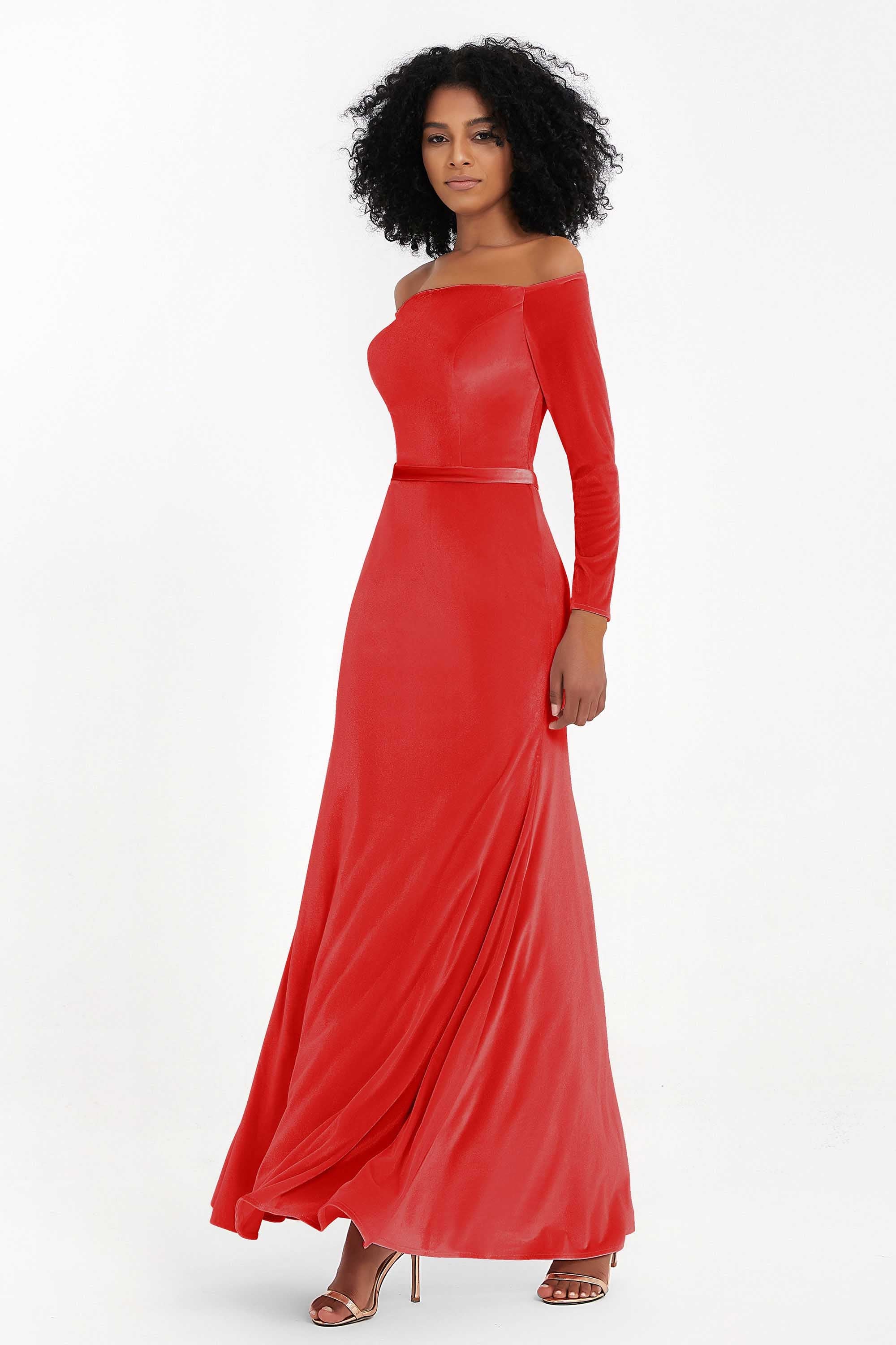 Off the Shoulder Velvet Formal Evening Dresses with Sash Long Prom Party Gowns