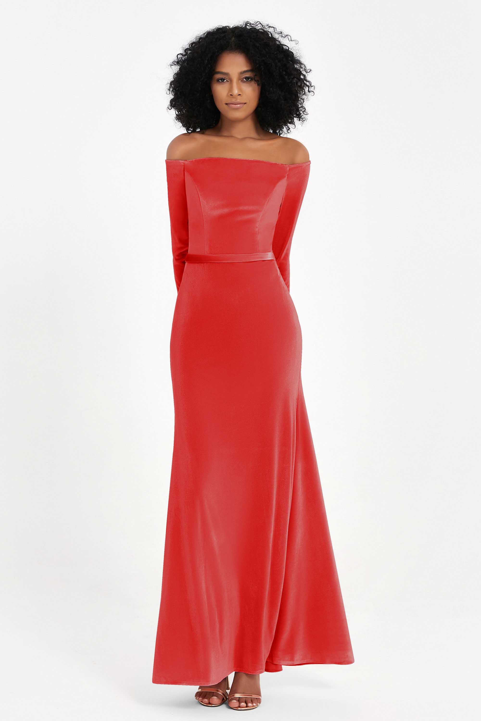 Off the Shoulder Velvet Formal Evening Dresses with Sash Long Prom Party Gowns