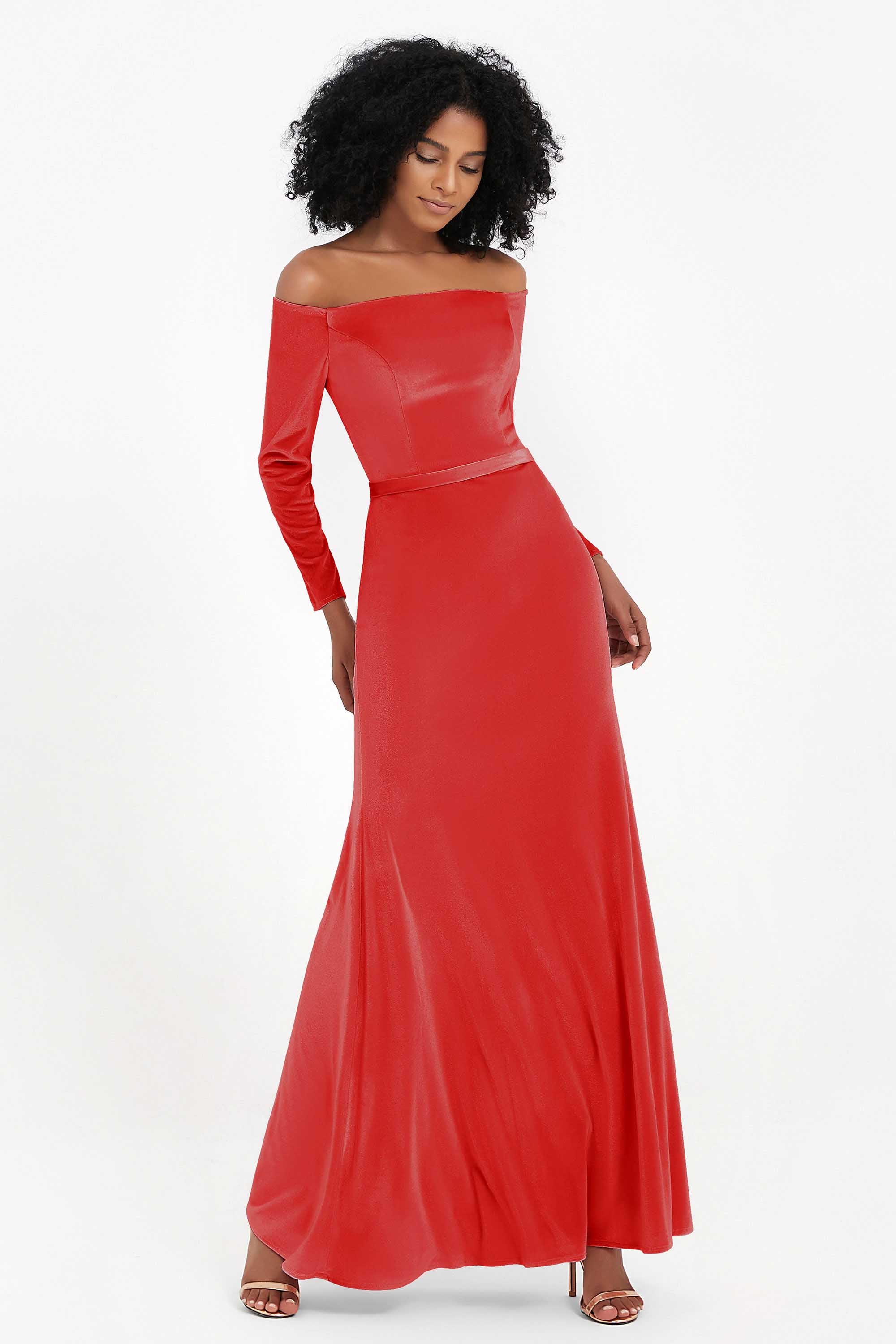 Off the Shoulder Velvet Formal Evening Dresses with Sash Long Prom Party Gowns