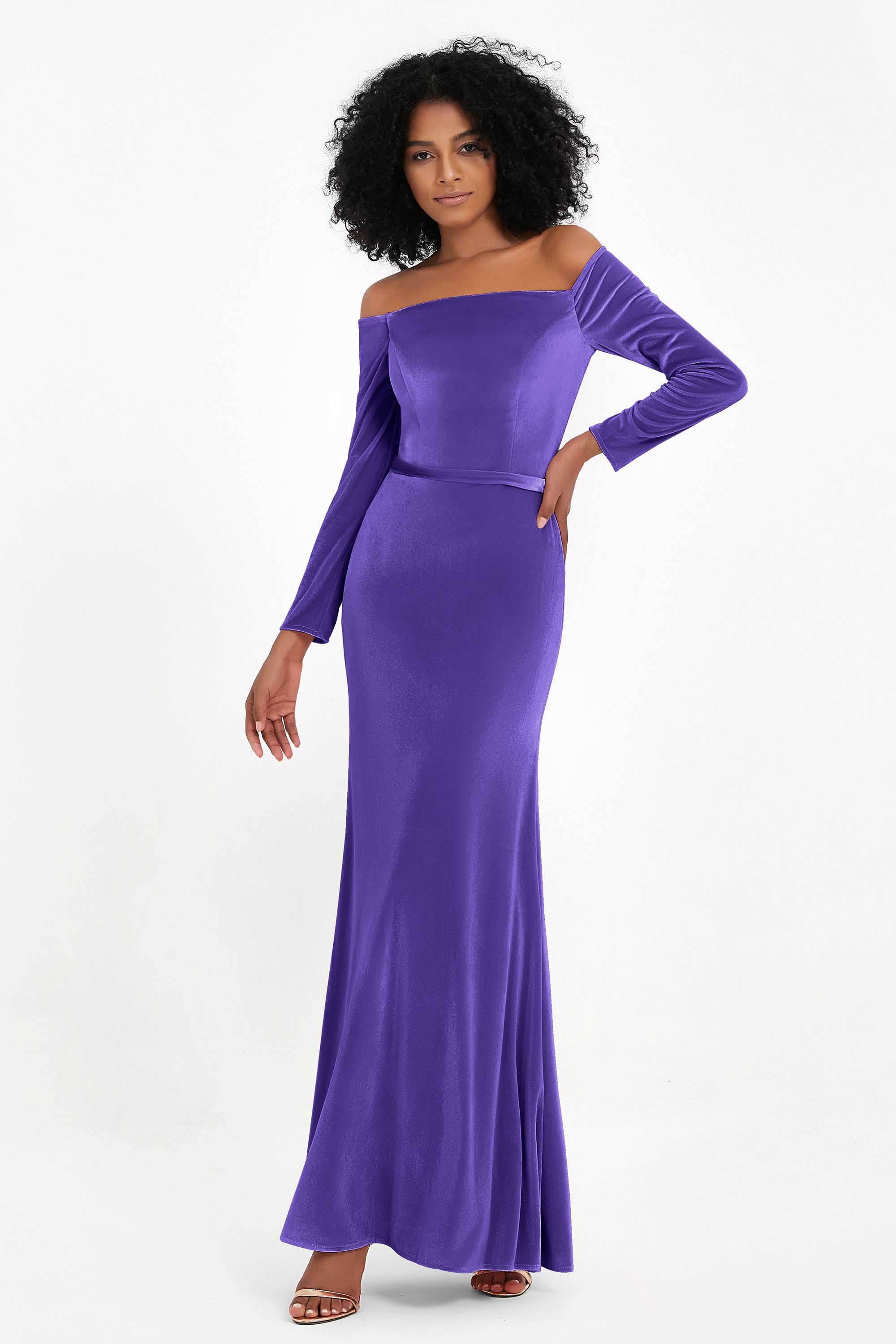 Off the Shoulder Velvet Formal Evening Dresses with Sash Long Prom Party Gowns