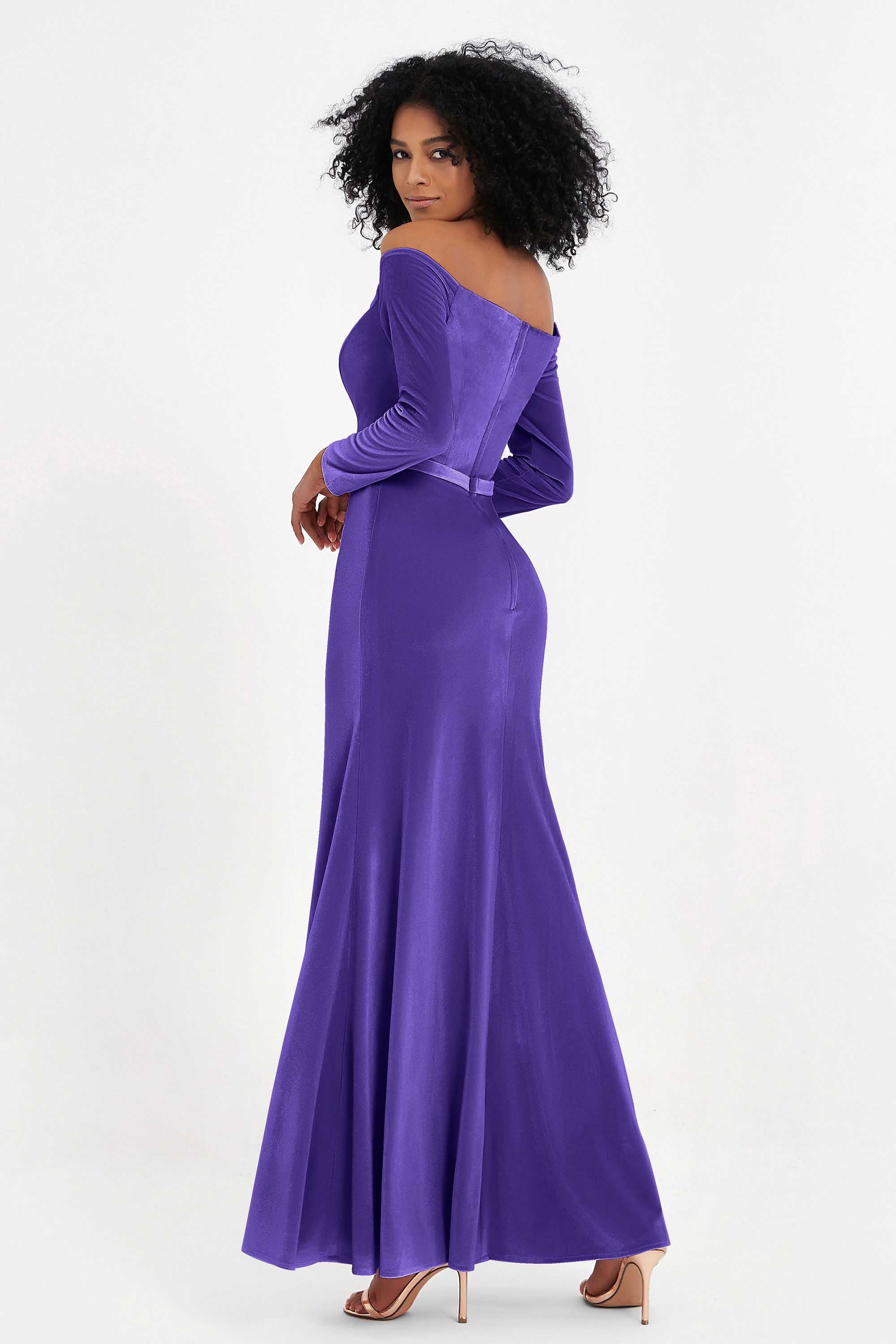 Off the Shoulder Velvet Formal Evening Dresses with Sash Long Prom Party Gowns