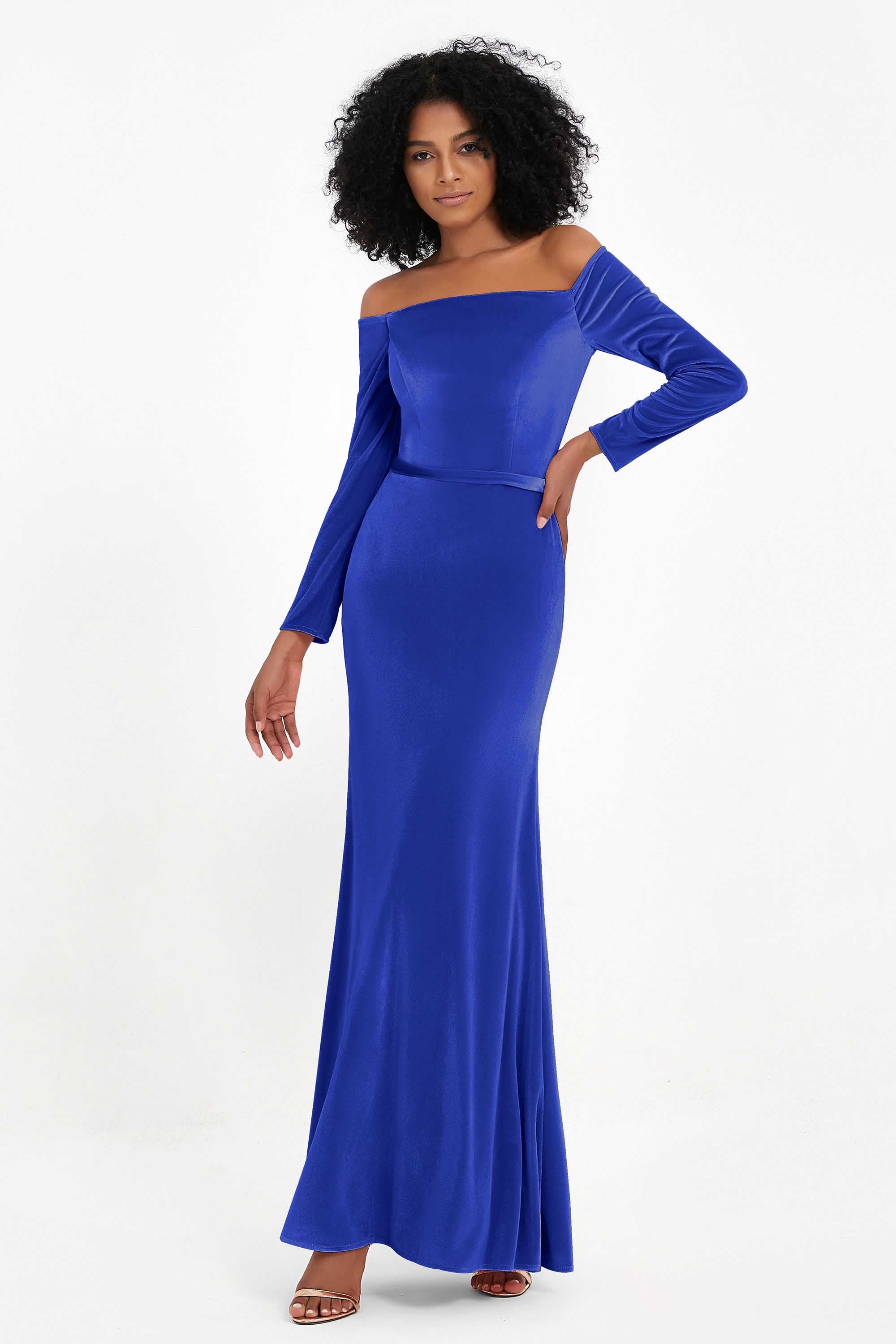 Off the Shoulder Velvet Formal Evening Dresses with Sash Long Prom Party Gowns
