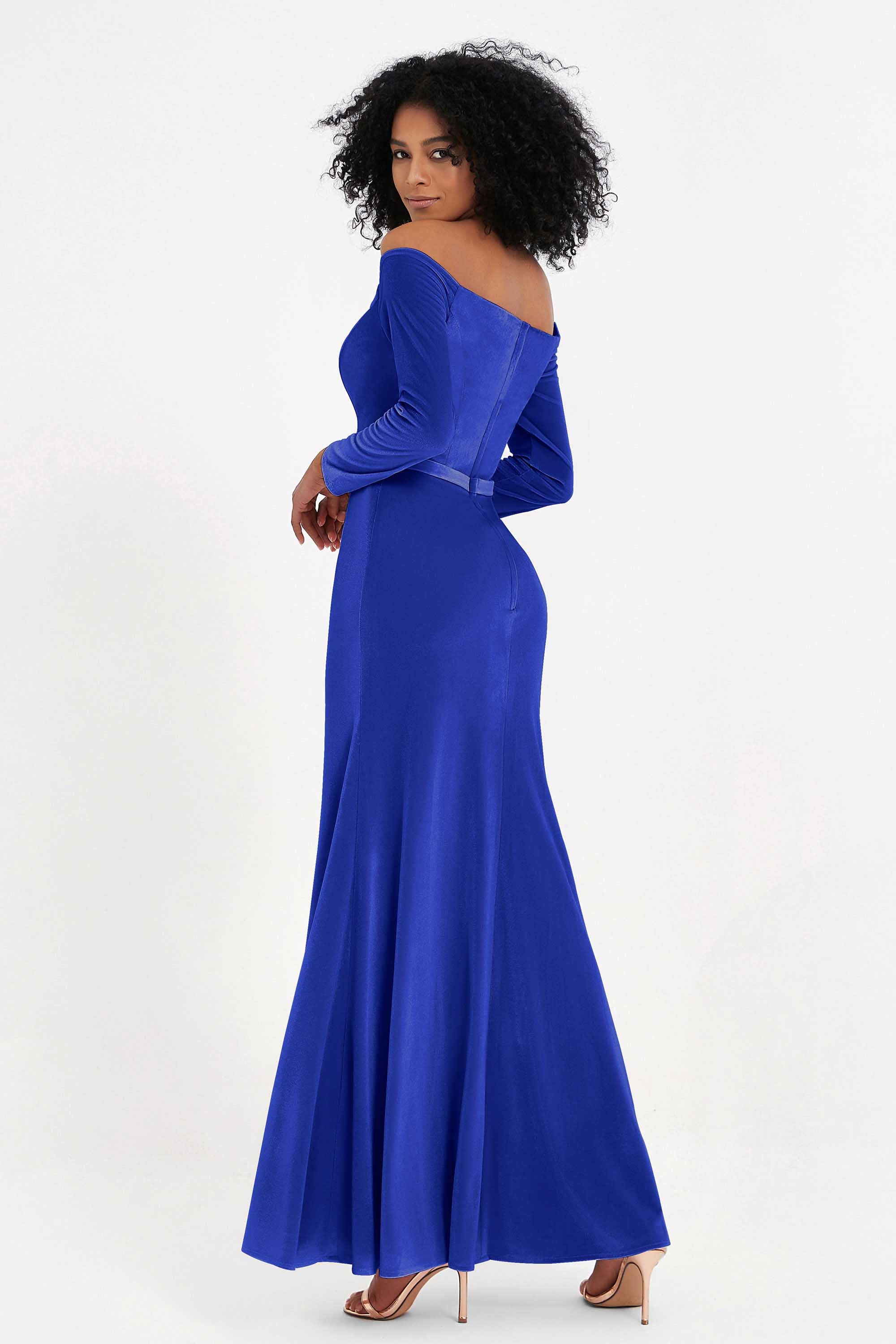 Off the Shoulder Velvet Formal Evening Dresses with Sash Long Prom Party Gowns