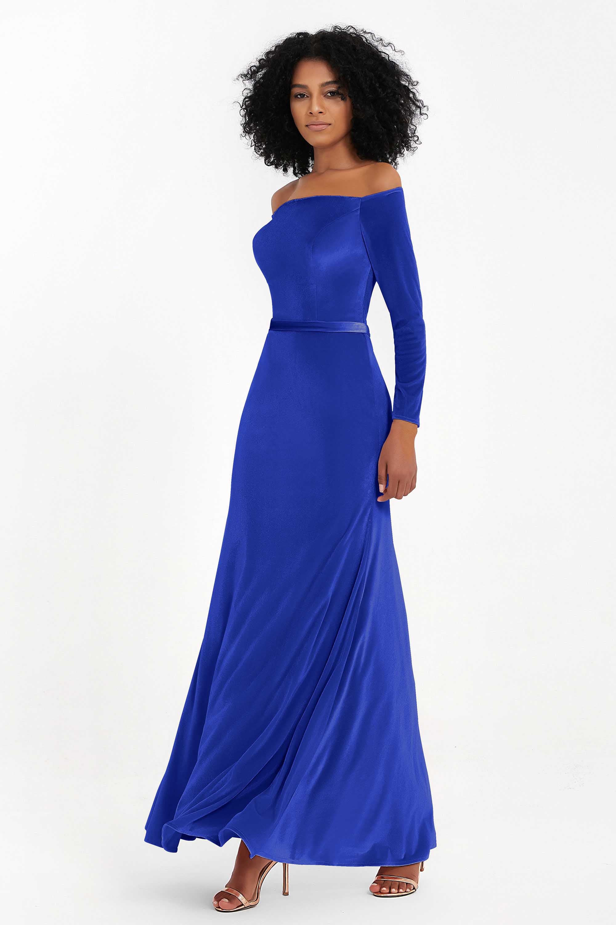 Off the Shoulder Velvet Formal Evening Dresses with Sash Long Prom Party Gowns