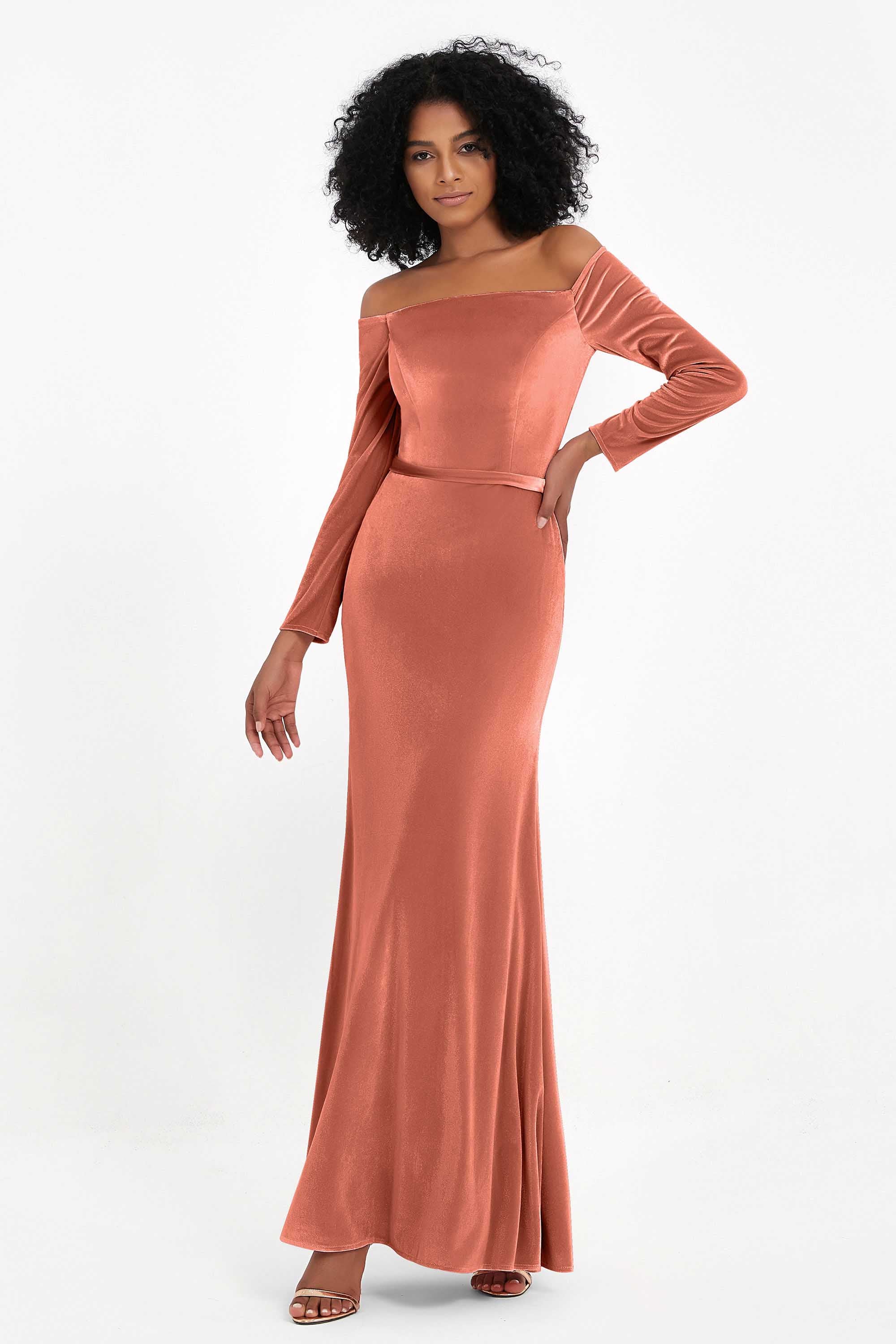 Off the Shoulder Velvet Formal Evening Dresses with Sash Long Prom Party Gowns