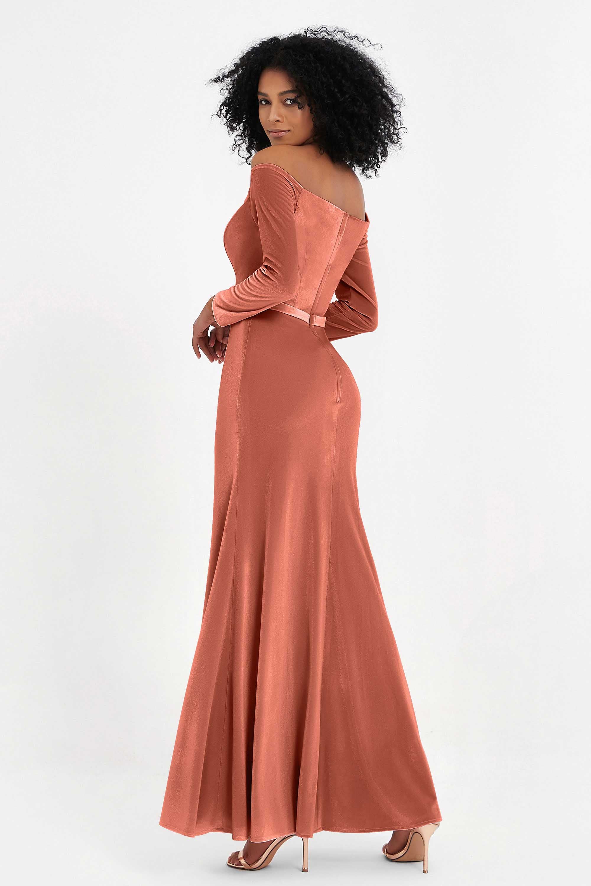 Off the Shoulder Velvet Formal Evening Dresses with Sash Long Prom Party Gowns