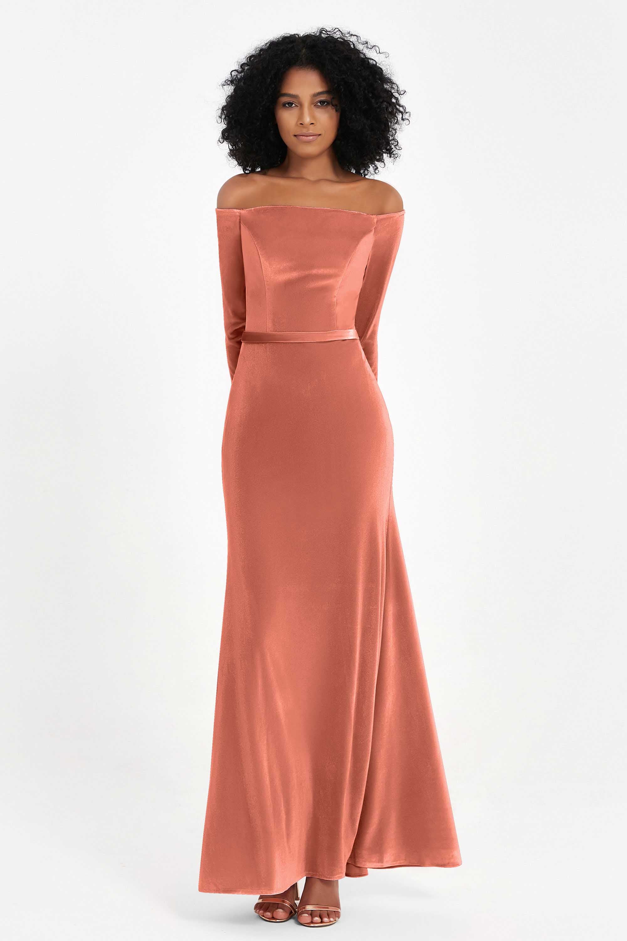 Off the Shoulder Velvet Formal Evening Dresses with Sash Long Prom Party Gowns