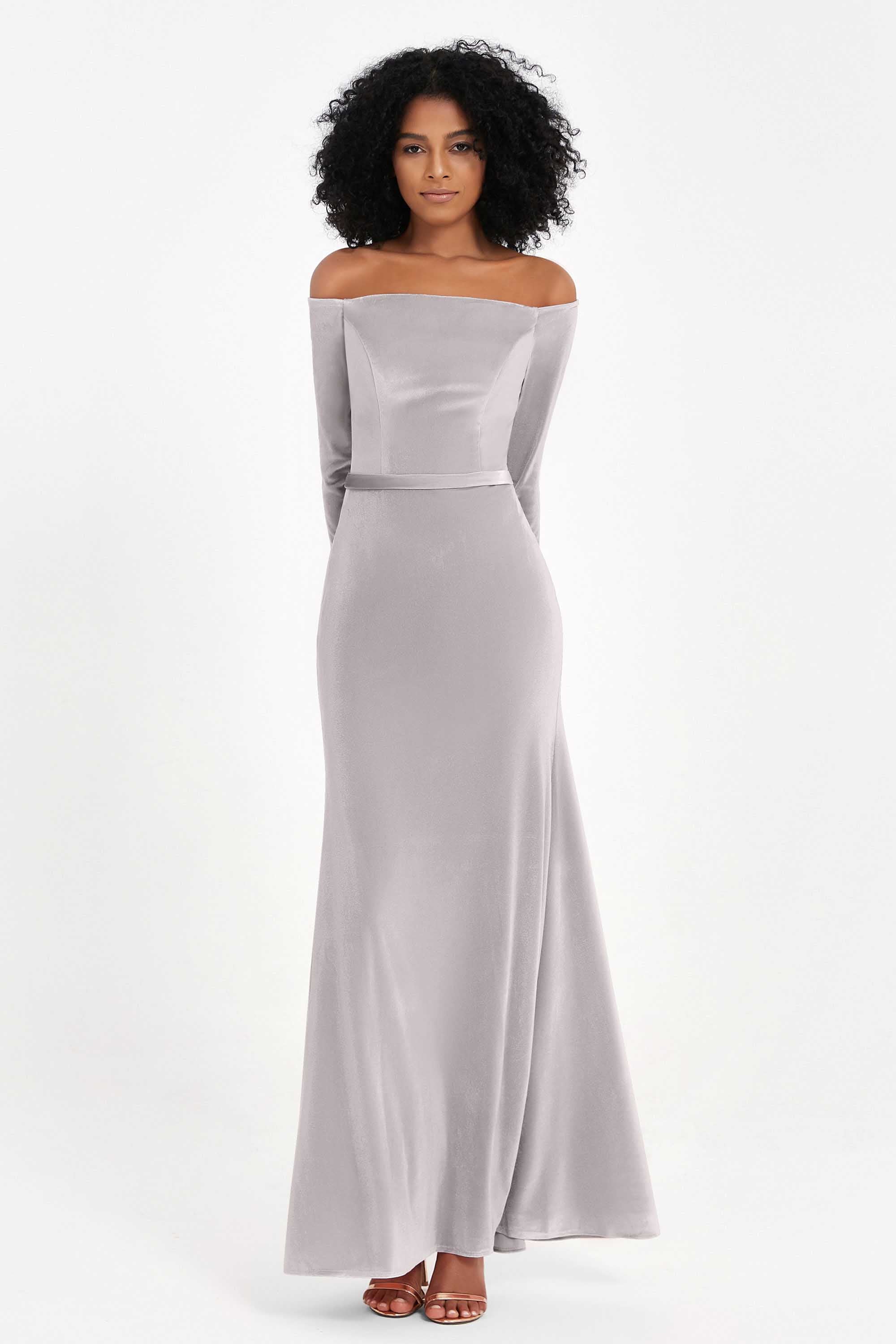 Off the Shoulder Velvet Formal Evening Dresses with Sash Long Prom Party Gowns