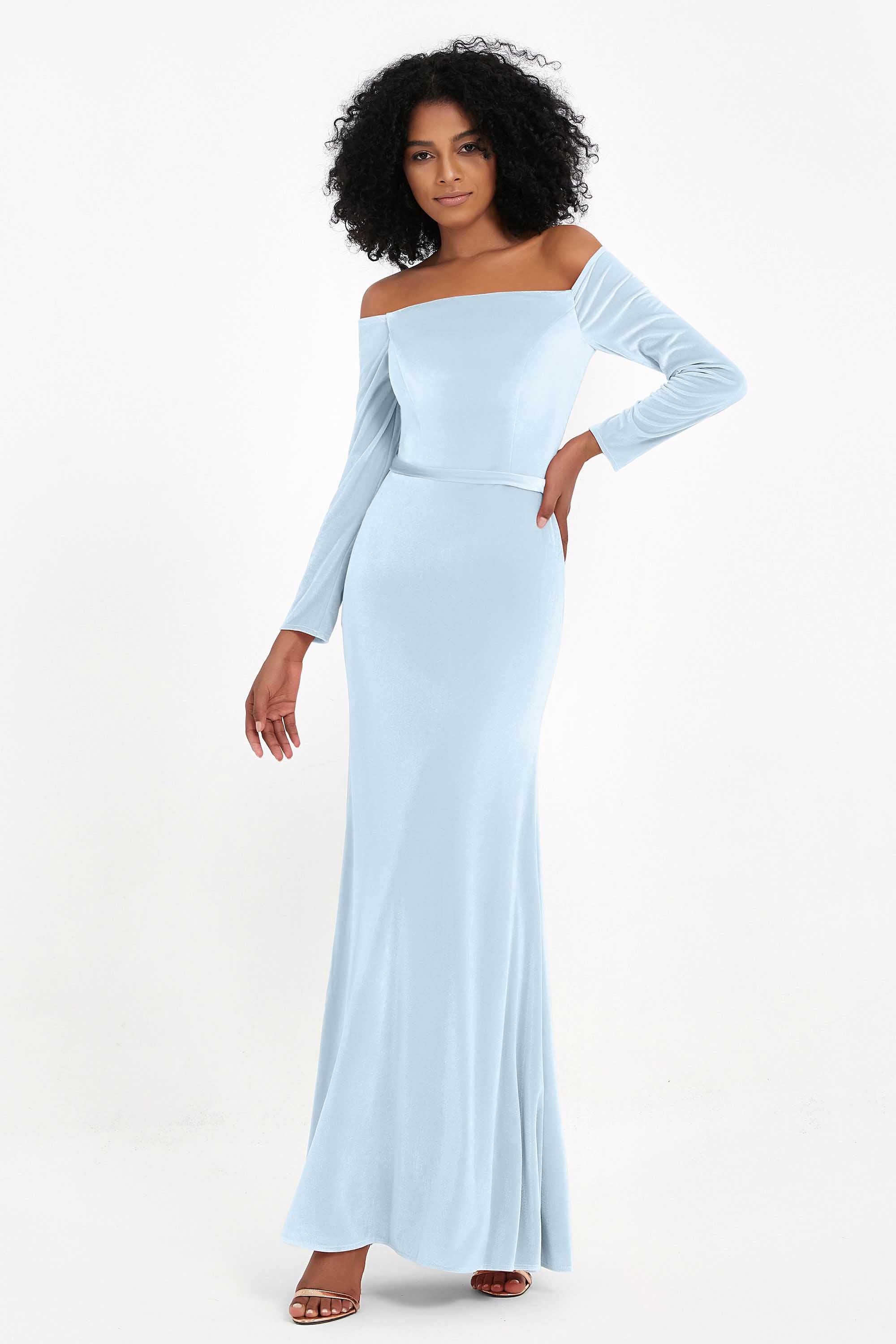 Off the Shoulder Velvet Formal Evening Dresses with Sash Long Prom Party Gowns