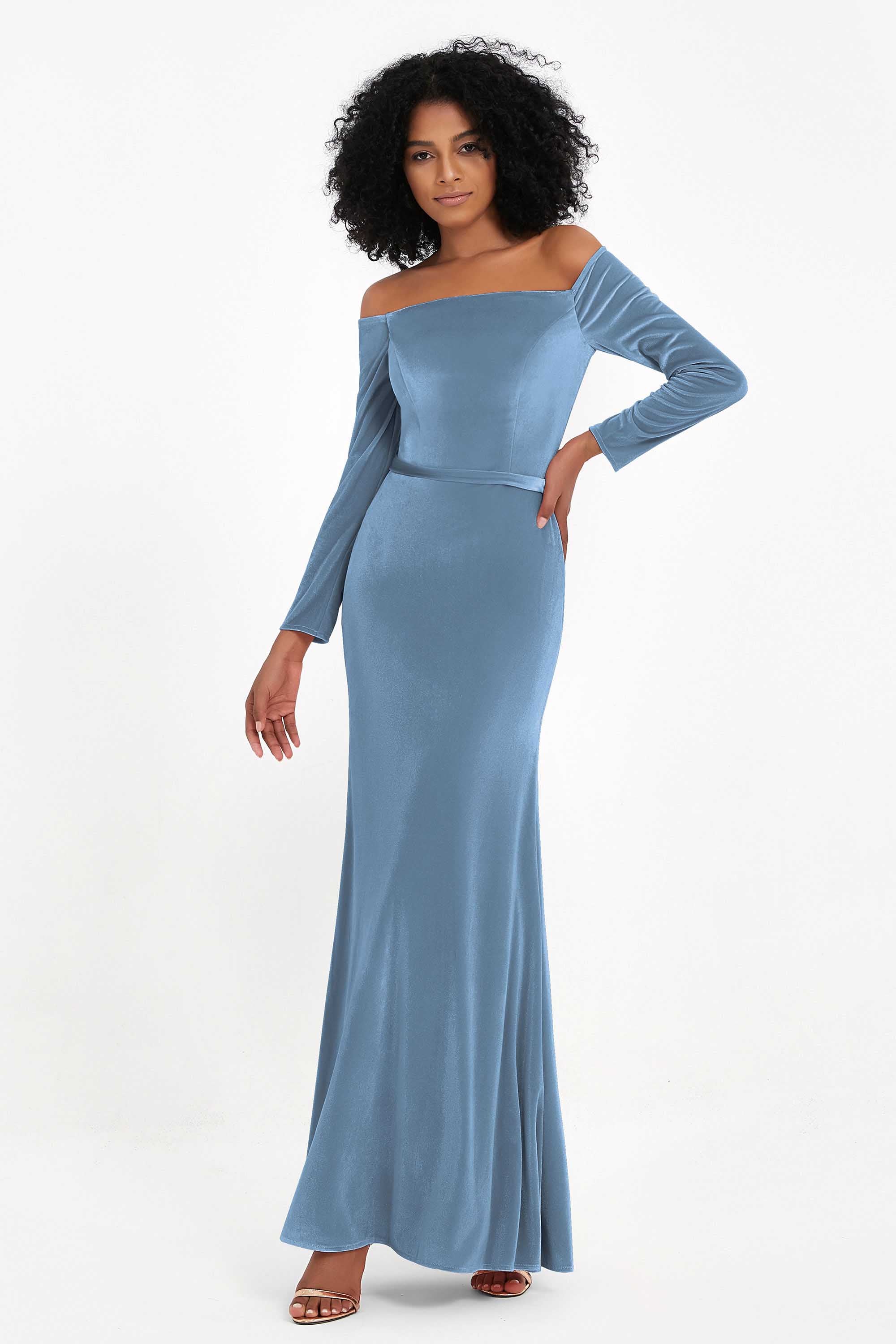 Off the Shoulder Velvet Formal Evening Dresses with Sash Long Prom Party Gowns