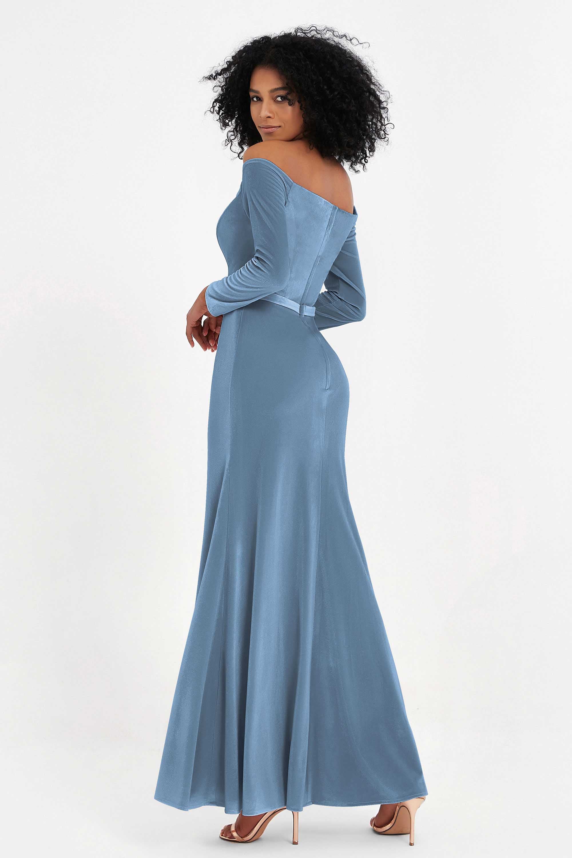 Off the Shoulder Velvet Formal Evening Dresses with Sash Long Prom Party Gowns