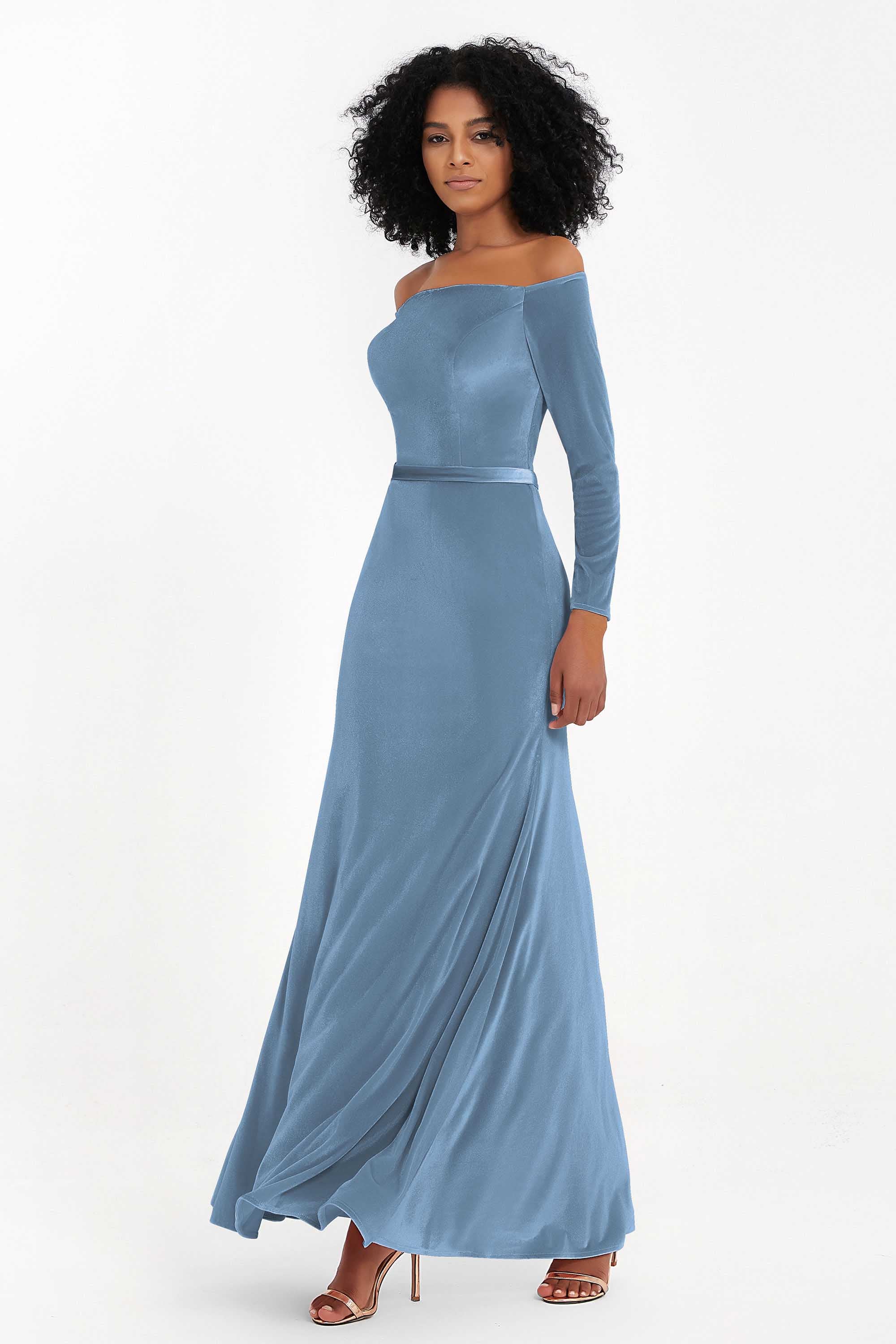 Off the Shoulder Velvet Formal Evening Dresses with Sash Long Prom Party Gowns