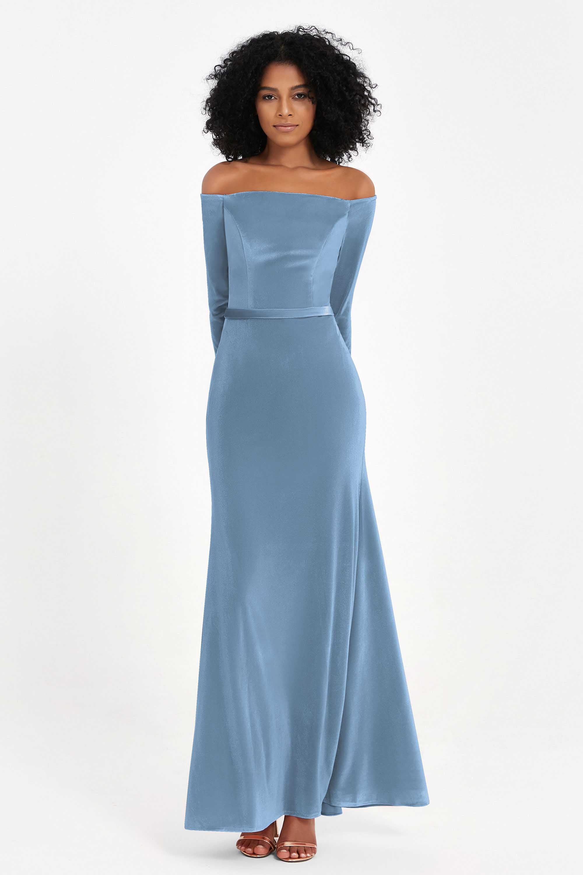 Off the Shoulder Velvet Formal Evening Dresses with Sash Long Prom Party Gowns