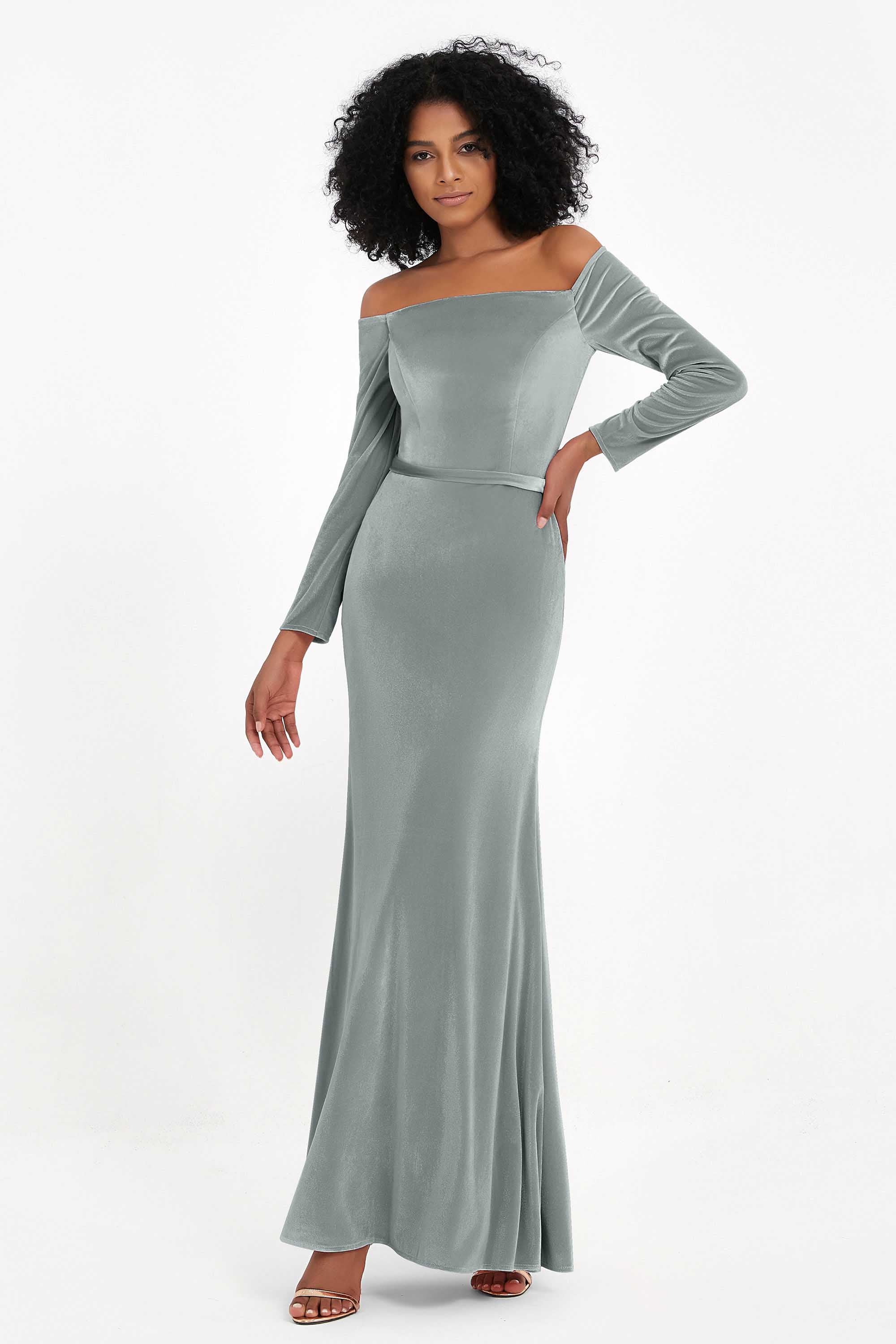 Off the Shoulder Velvet Formal Evening Dresses with Sash Long Prom Party Gowns