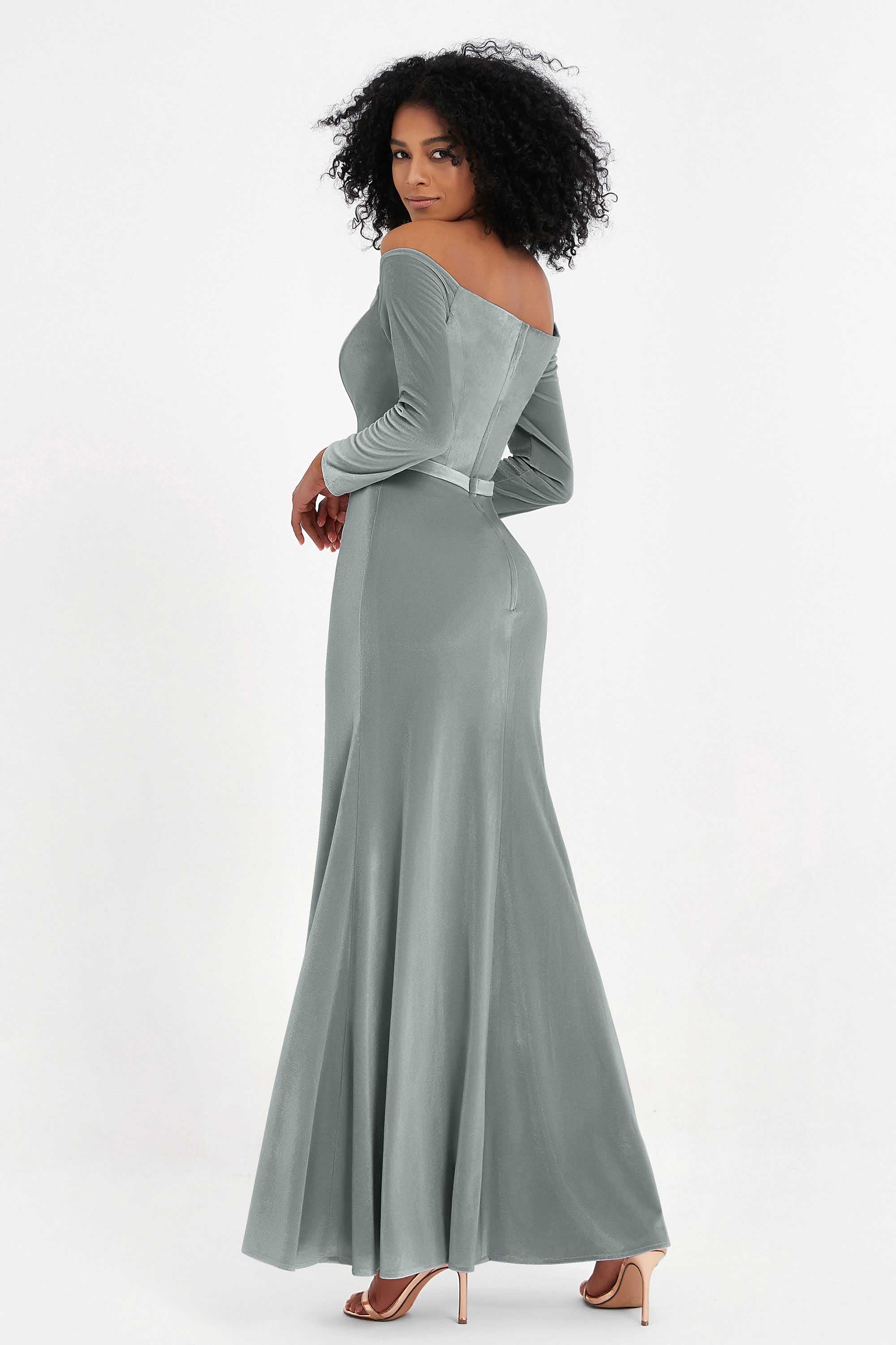 Off the Shoulder Velvet Formal Evening Dresses with Sash Long Prom Party Gowns