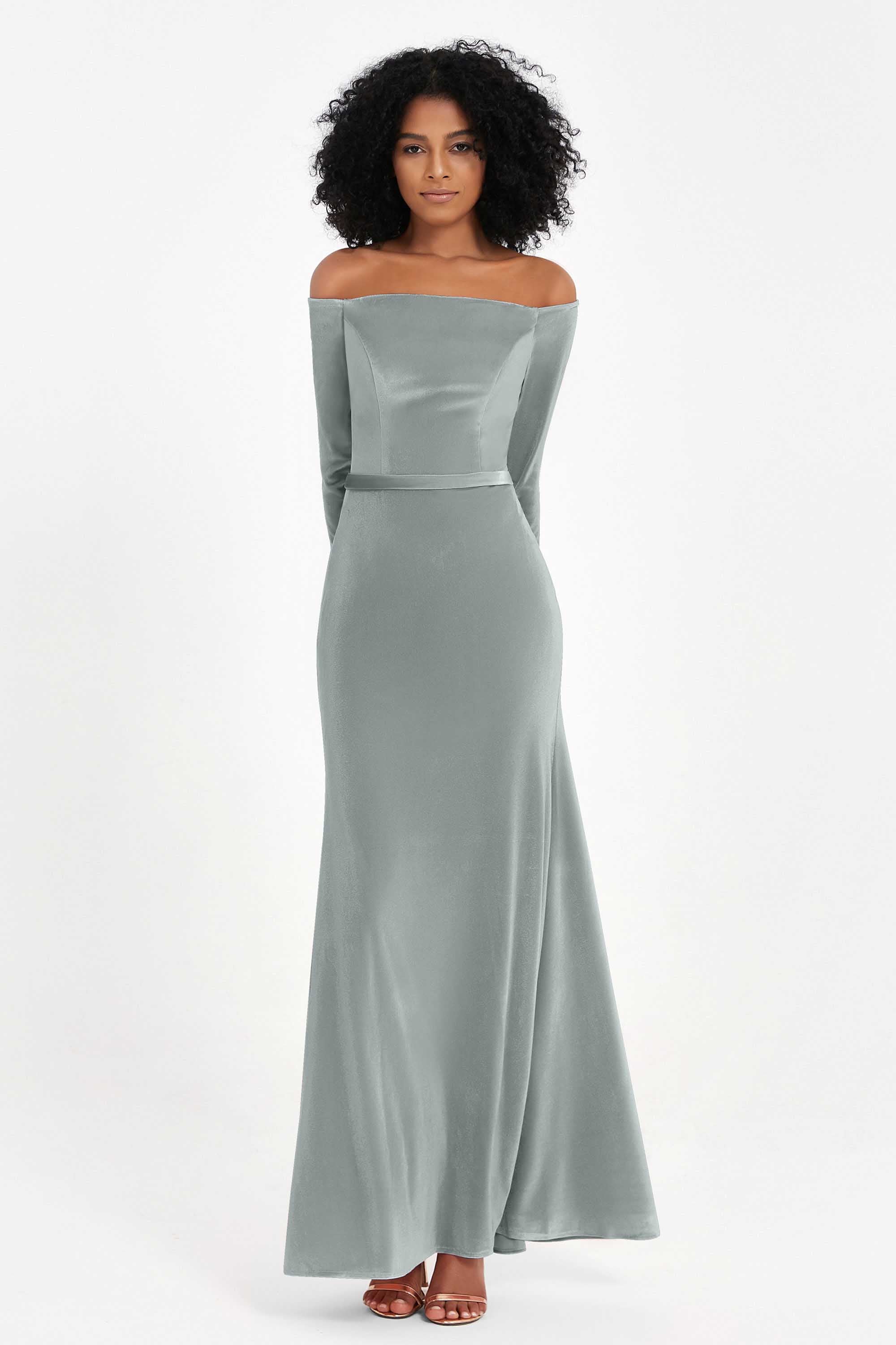Off the Shoulder Velvet Formal Evening Dresses with Sash Long Prom Party Gowns