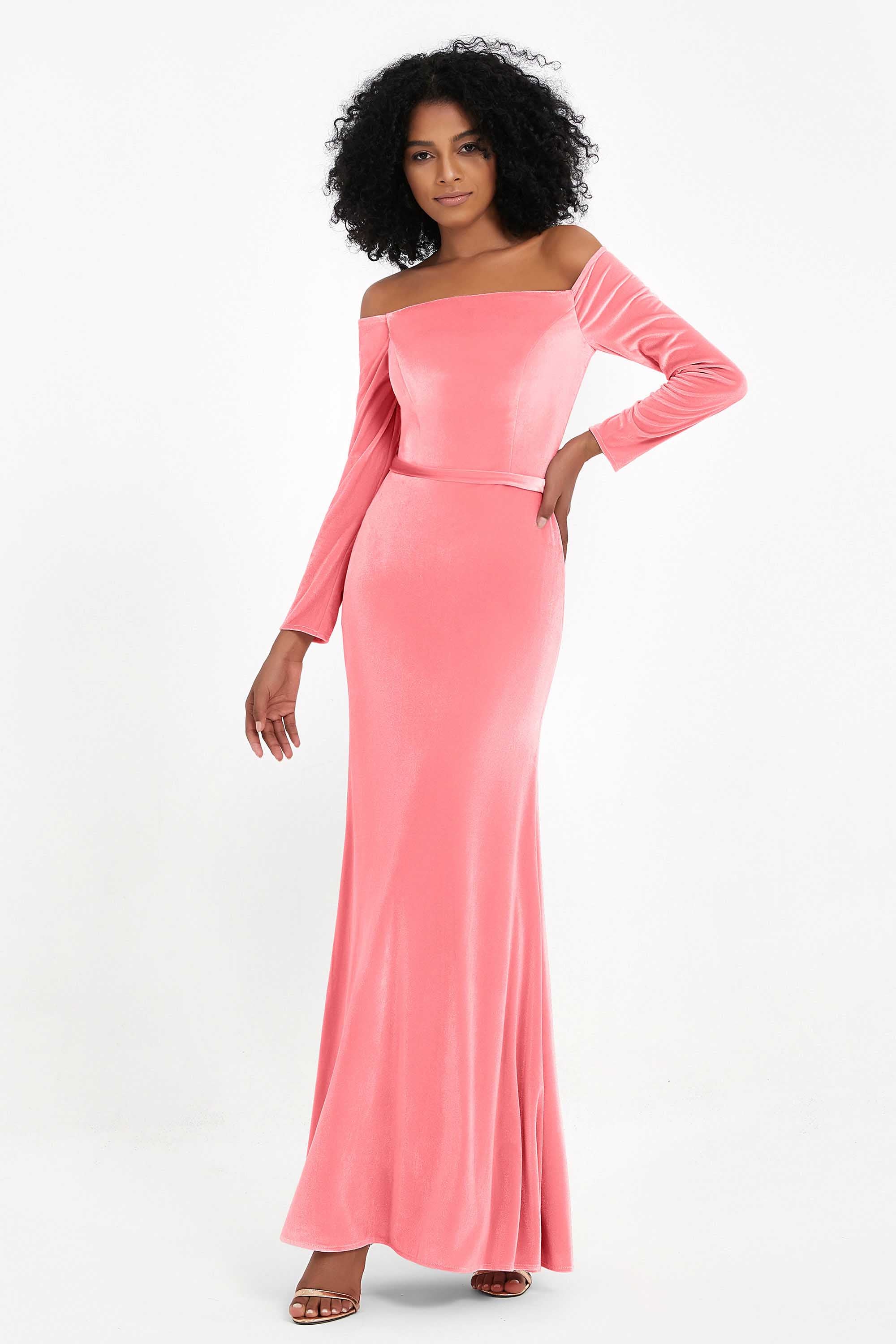 Off the Shoulder Velvet Formal Evening Dresses with Sash Long Prom Party Gowns