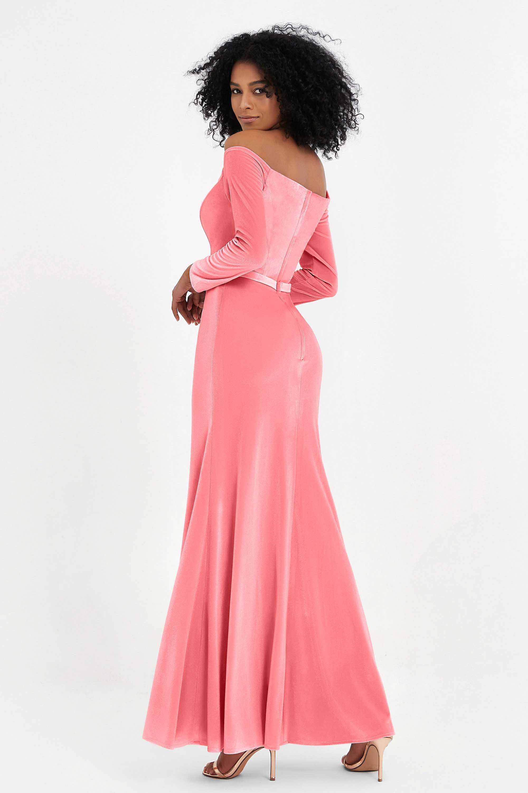 Off the Shoulder Velvet Formal Evening Dresses with Sash Long Prom Party Gowns