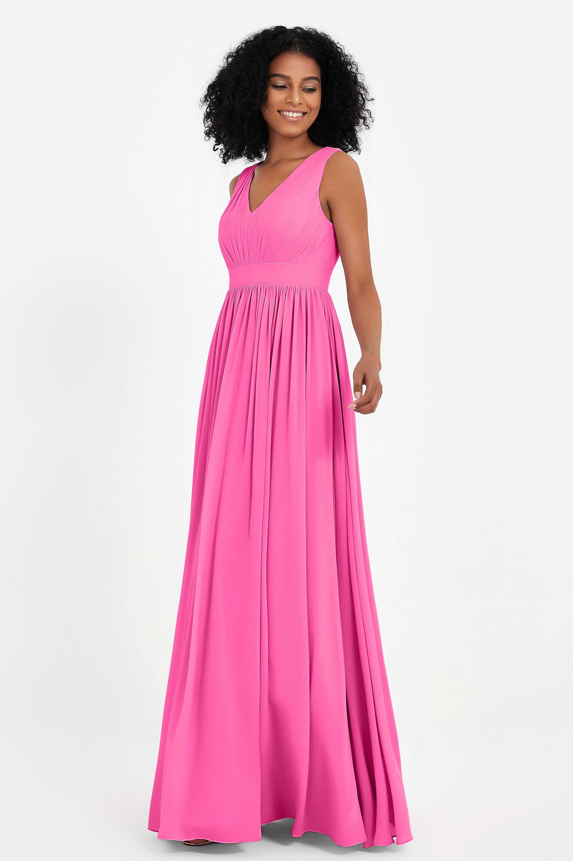 Modest Long Chiffon Bridesmaid Dress Sleeveless Pleated Ruched Formal Evening Dresses Gowns