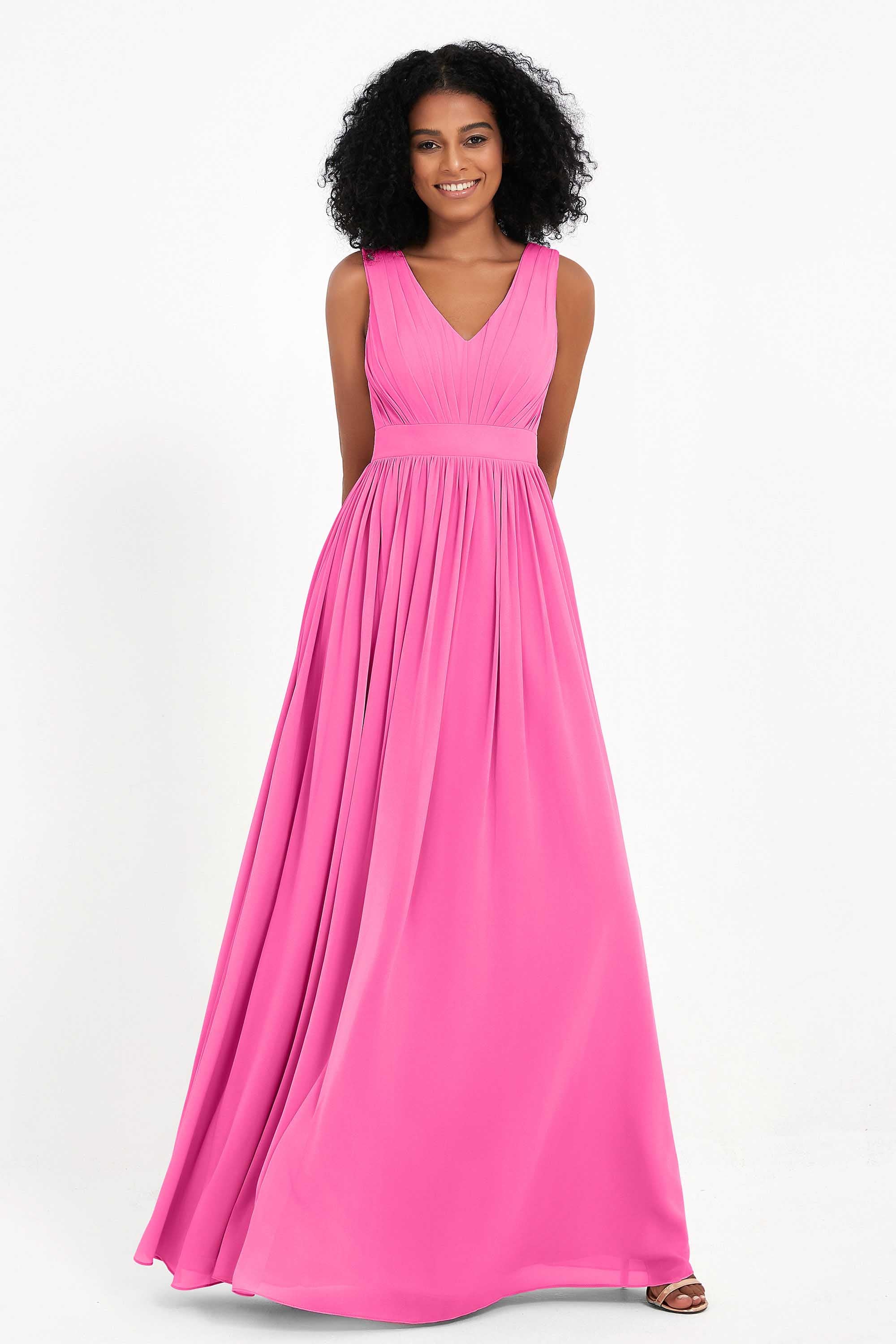 Modest Long Chiffon Bridesmaid Dress Sleeveless Pleated Ruched Formal Evening Dresses Gowns