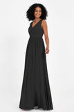 Modest Long Chiffon Bridesmaid Dress Sleeveless Pleated Ruched Formal Evening Dresses Gowns