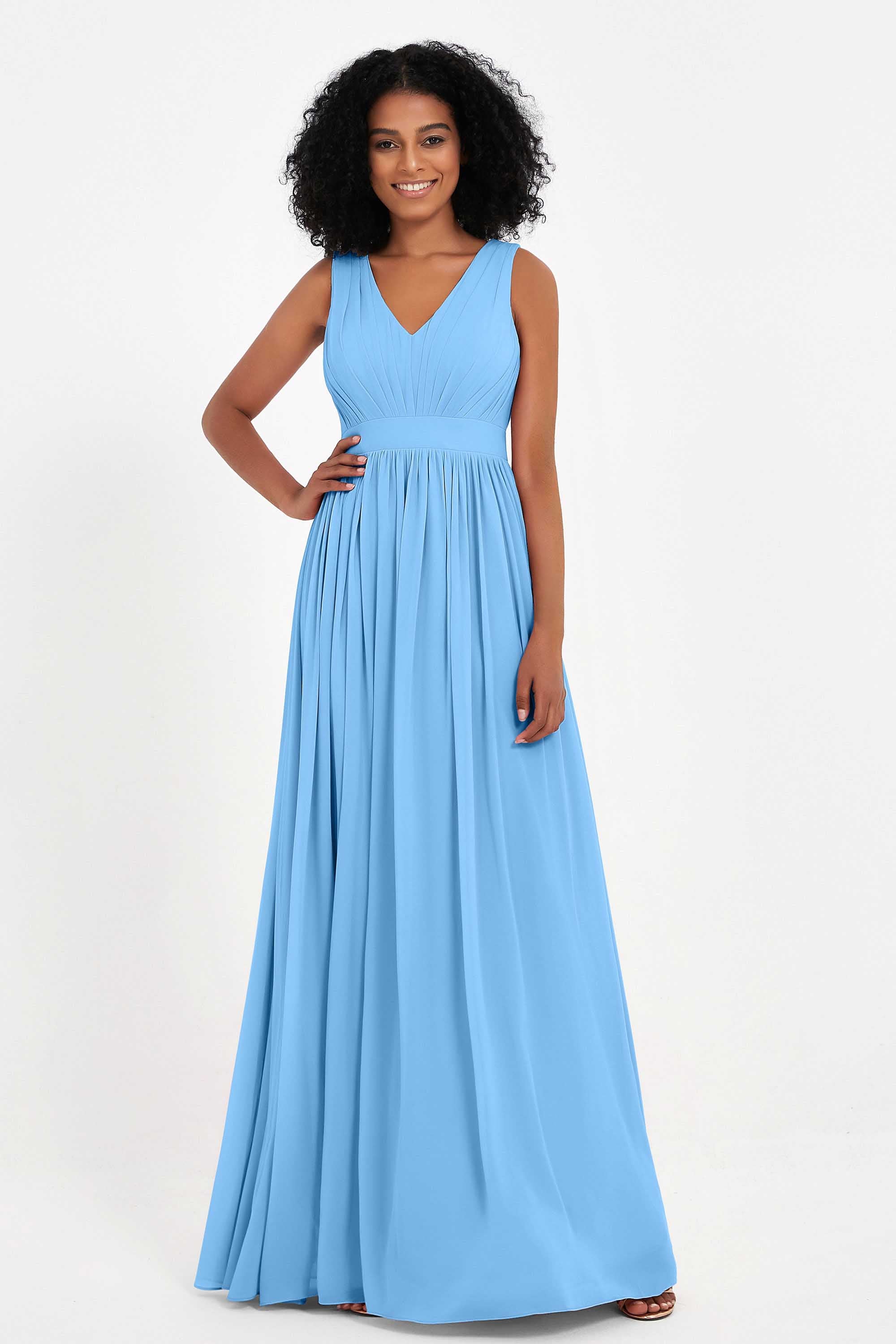 Modest Long Chiffon Bridesmaid Dress Sleeveless Pleated Ruched Formal Evening Dresses Gowns