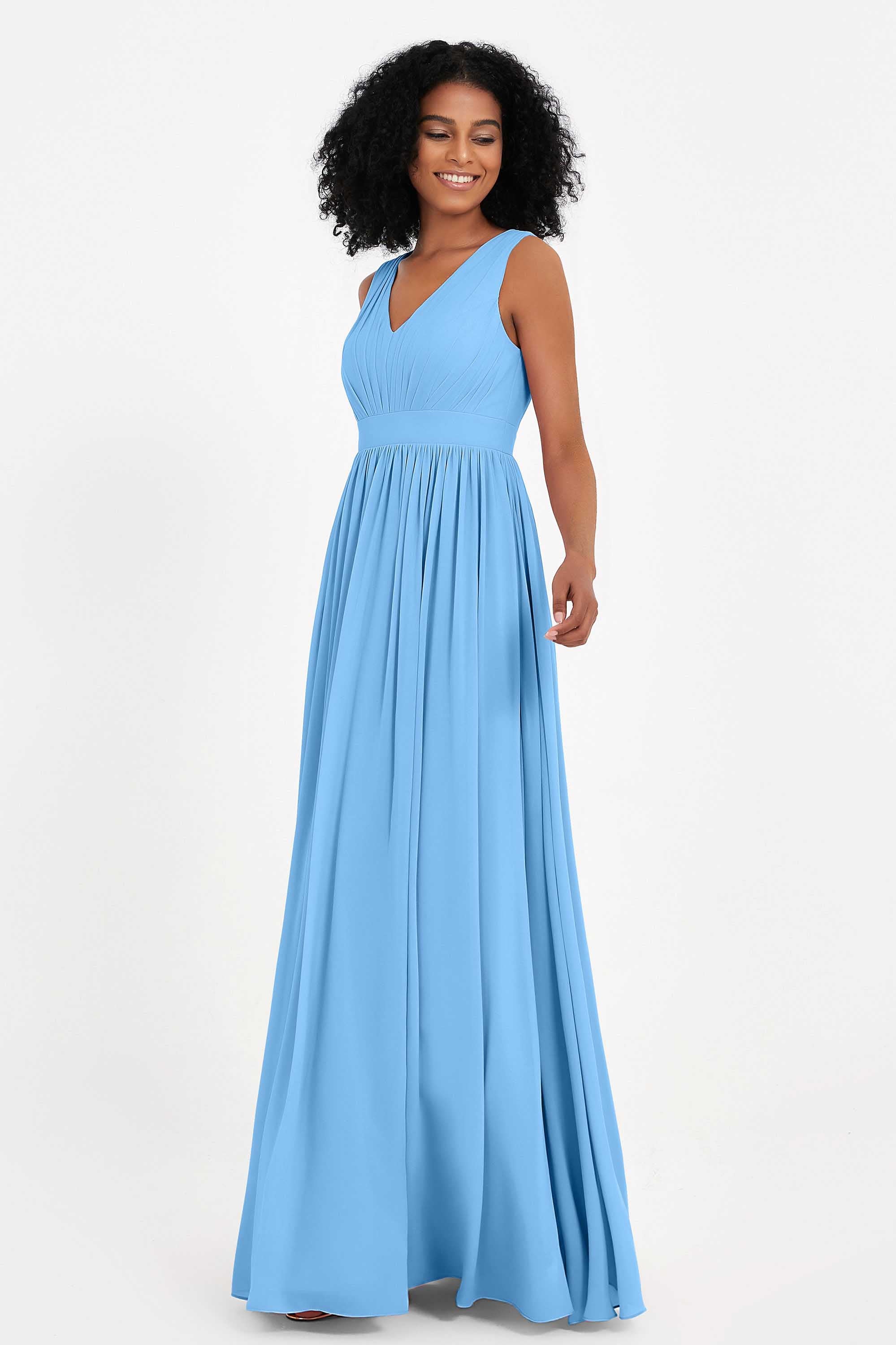 Modest Long Chiffon Bridesmaid Dress Sleeveless Pleated Ruched Formal Evening Dresses Gowns