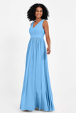 Modest Long Chiffon Bridesmaid Dress Sleeveless Pleated Ruched Formal Evening Dresses Gowns
